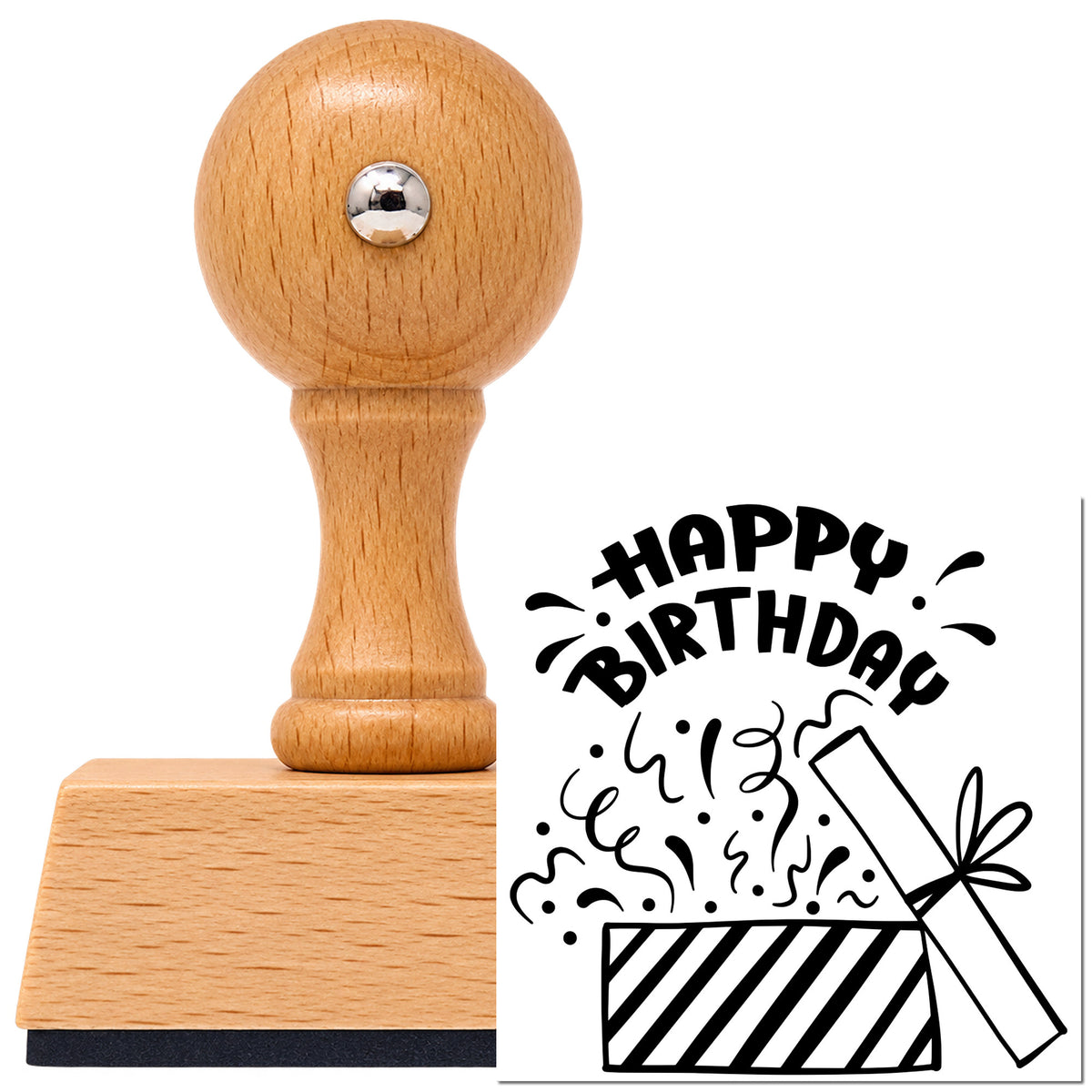 Birthday Present Bursting With Confetti Vintage Pro rubber stamp in European beech wood with a round knob handle, shown beside its black imprint.