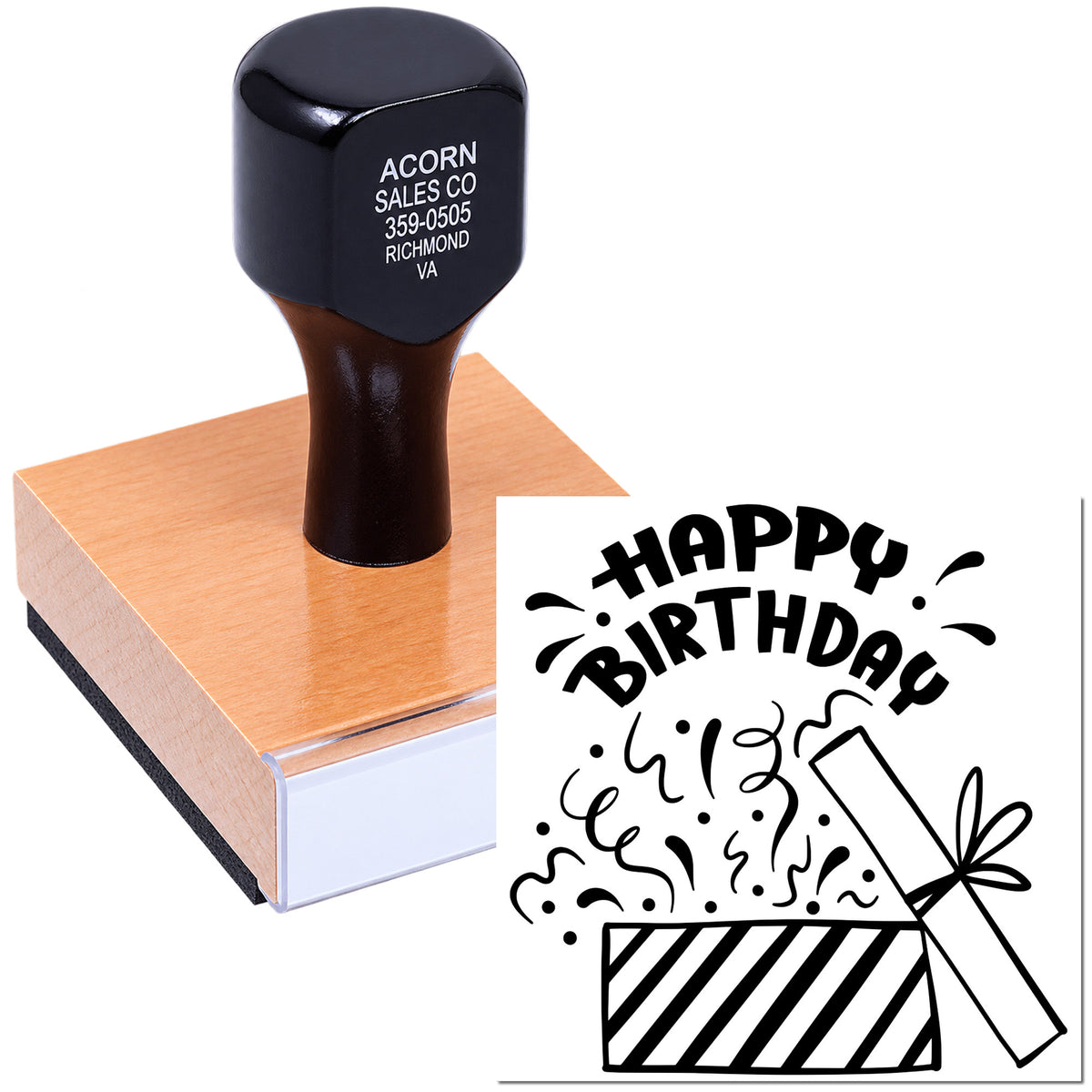 Custom Happy Birthday rubber stamp with decorative party design for cards, gift wrap, and celebratory packaging.