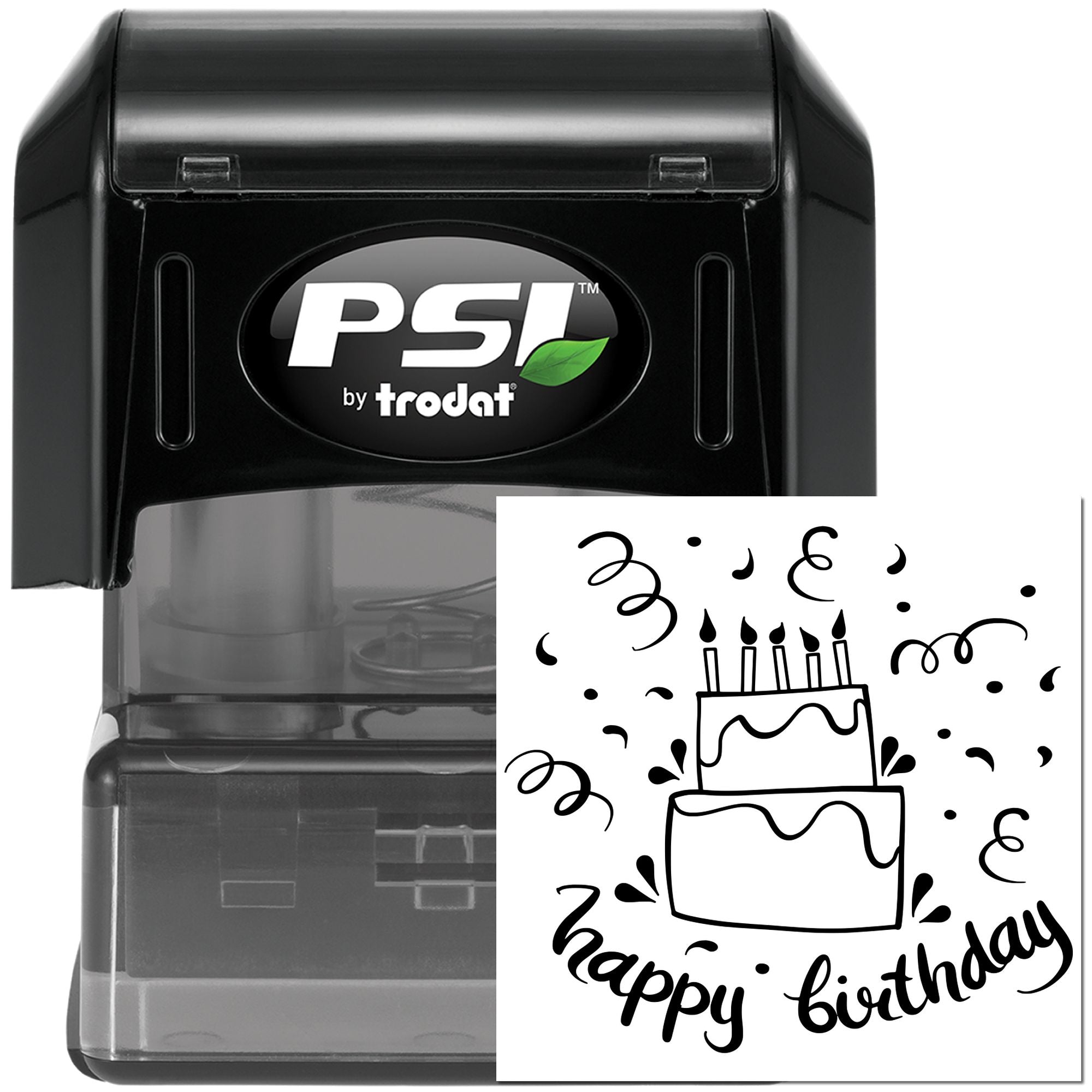 PSI by Trodat self-inking rubber stamp with Happy Birthday cake design for cards, invitations, and party celebrations