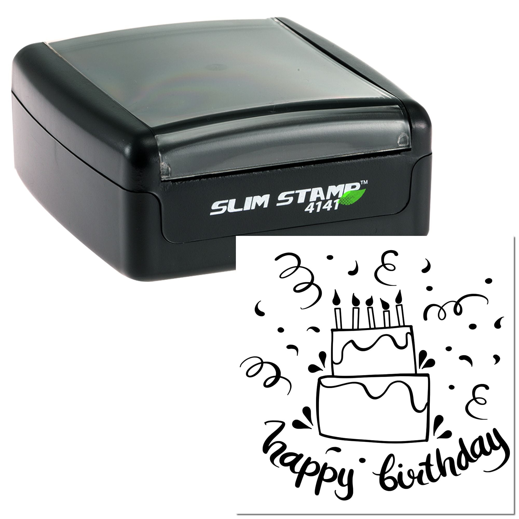 Slim Stamp self-inking rubber stamp with Happy Birthday cake design for birthday cards, invitations, and packaging.