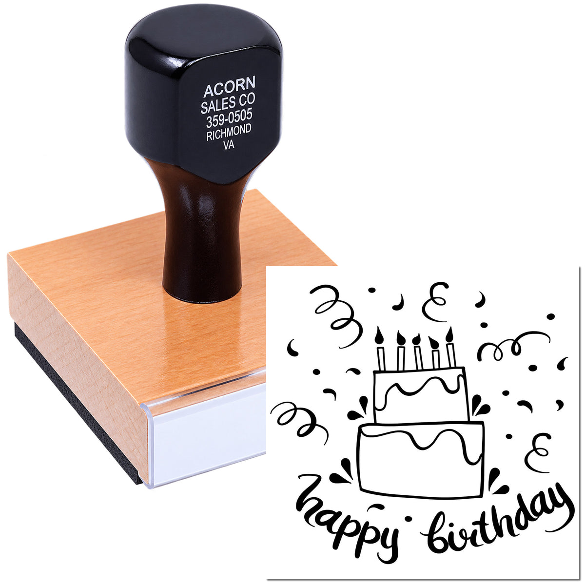 Happy birthday rubber stamp with cake design for custom greeting cards, scrapbooking, and birthday party invitations.