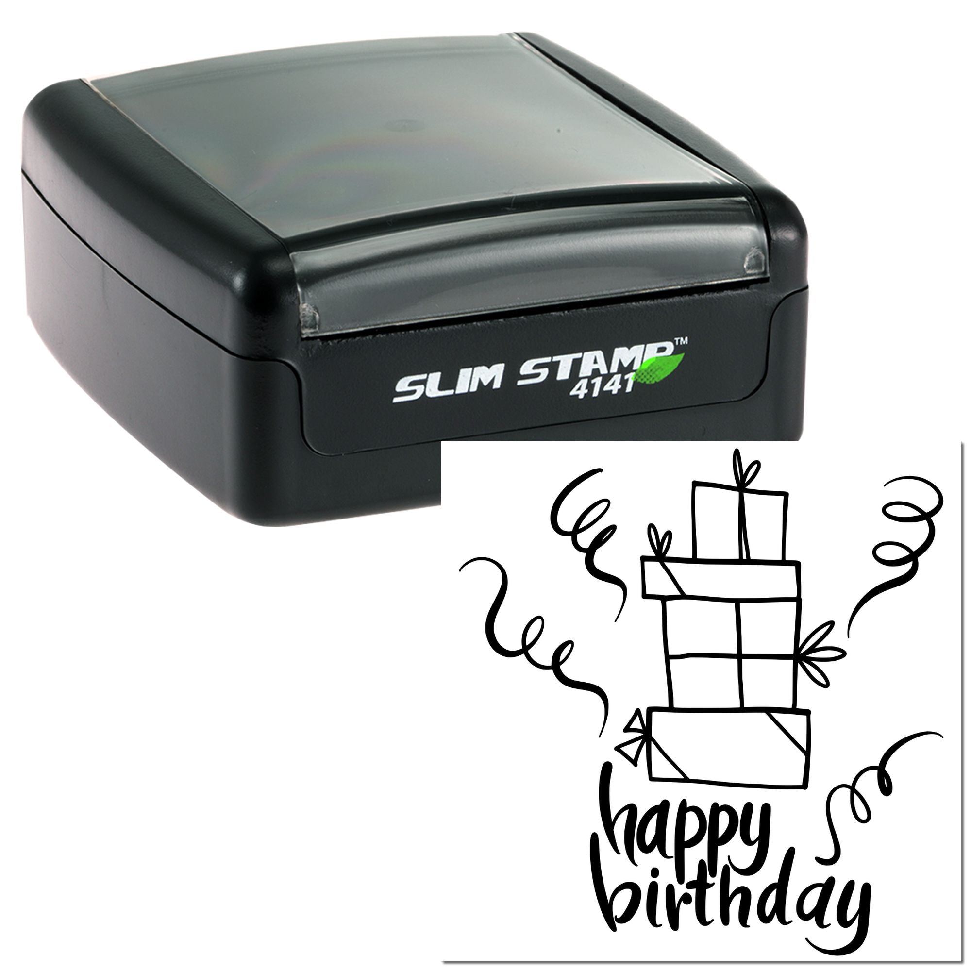 Self-inking slim birthday rubber stamp with gift boxes and happy birthday design for handmade cards and gift wrap.