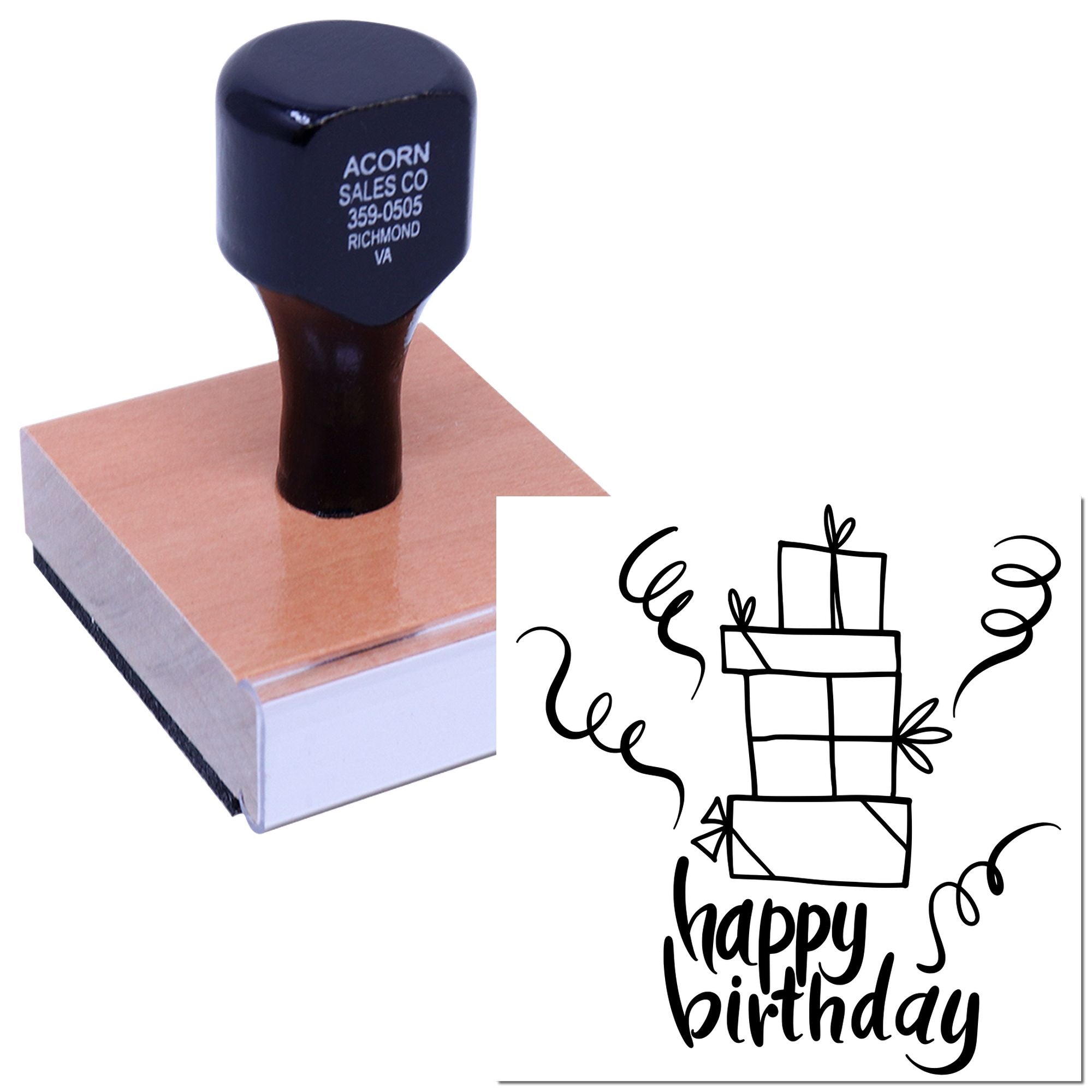 Happy birthday rubber stamp with stacked gift boxes design for card making, packaging, and birthday crafts.