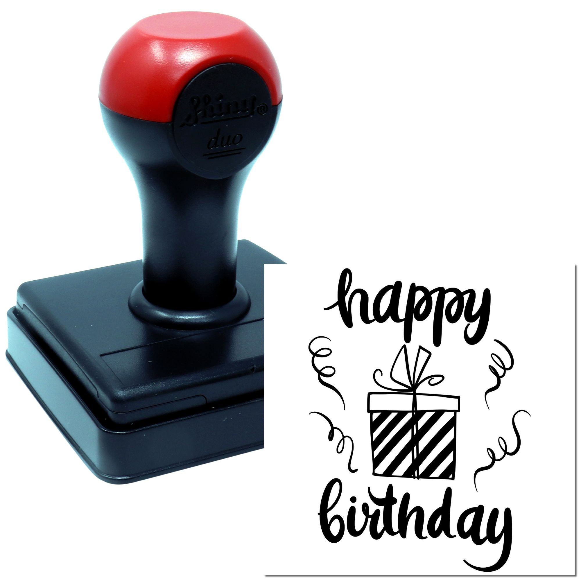 Self-inking birthday rubber stamp with happy birthday message and gift box design for cards, crafts, and packaging.