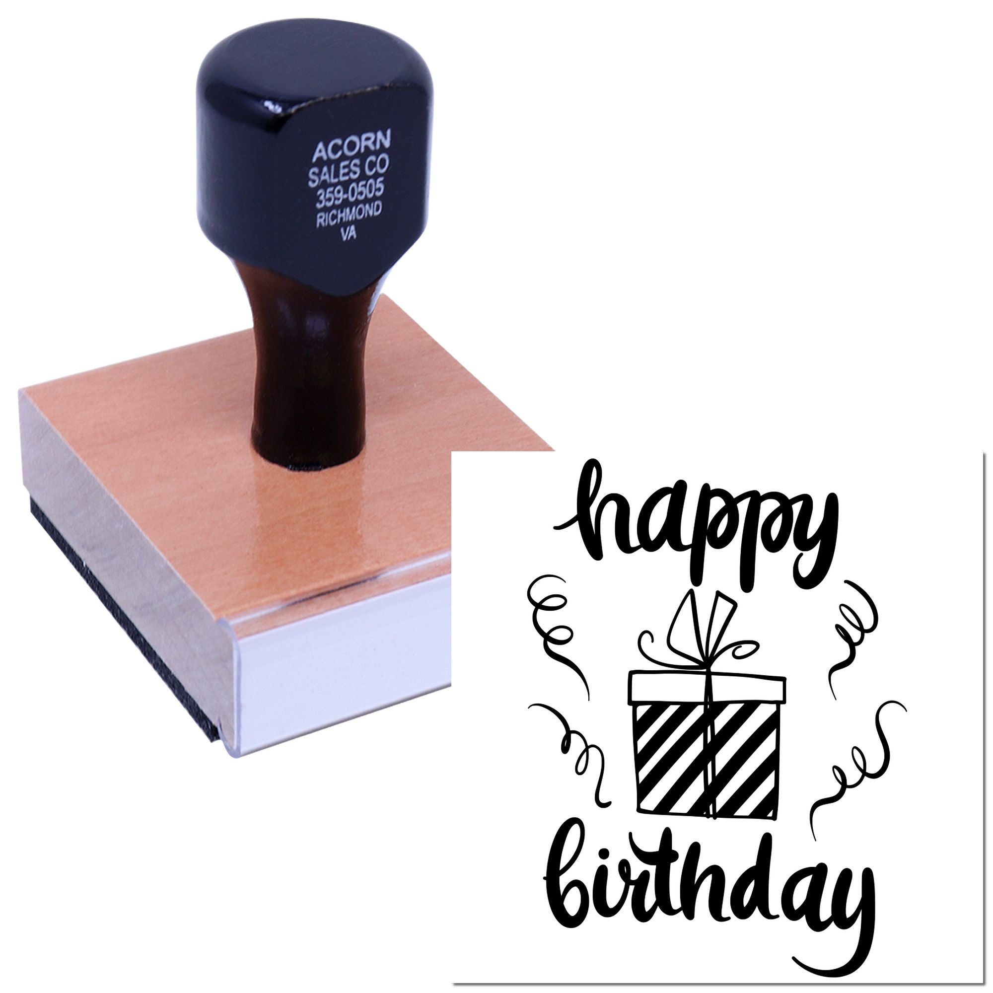 Custom happy birthday rubber stamp for birthday cards, gift wrap, and handmade party packaging with gift icon.