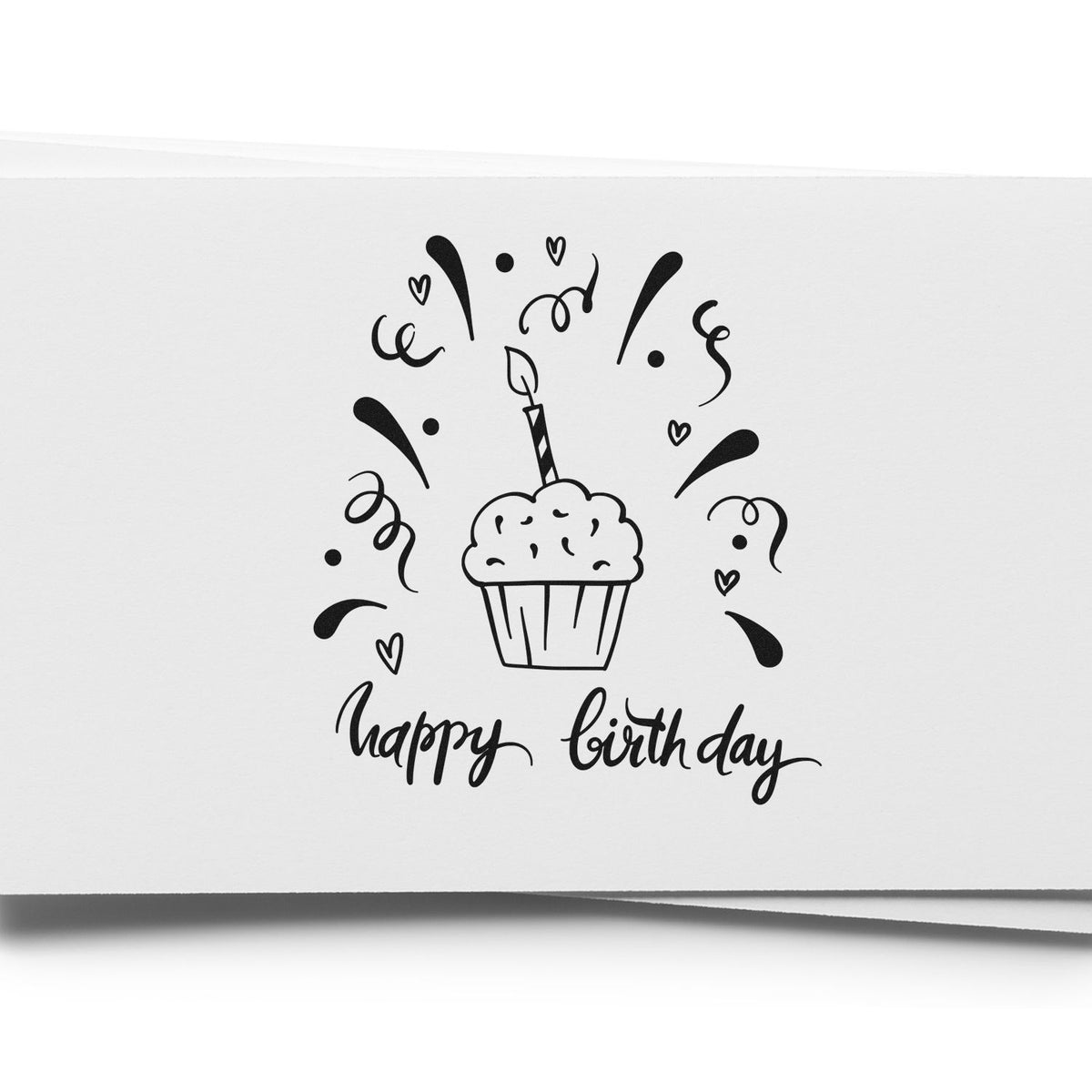Birthday Cupcake Candle Confetti Pre-Inked Stamp – PSI imprint stamped in black ink. A candle-topped cupcake appears above happy birthday amid hearts and confetti.