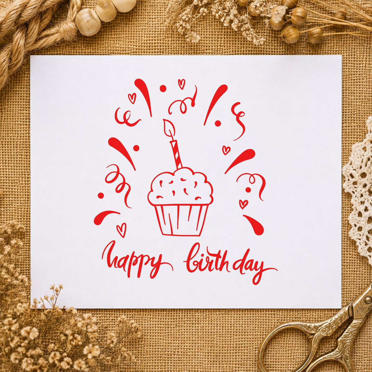 Birthday Cupcake Candle Confetti rubber stamp shown in red ink, stamped for projects such as bin party labels.