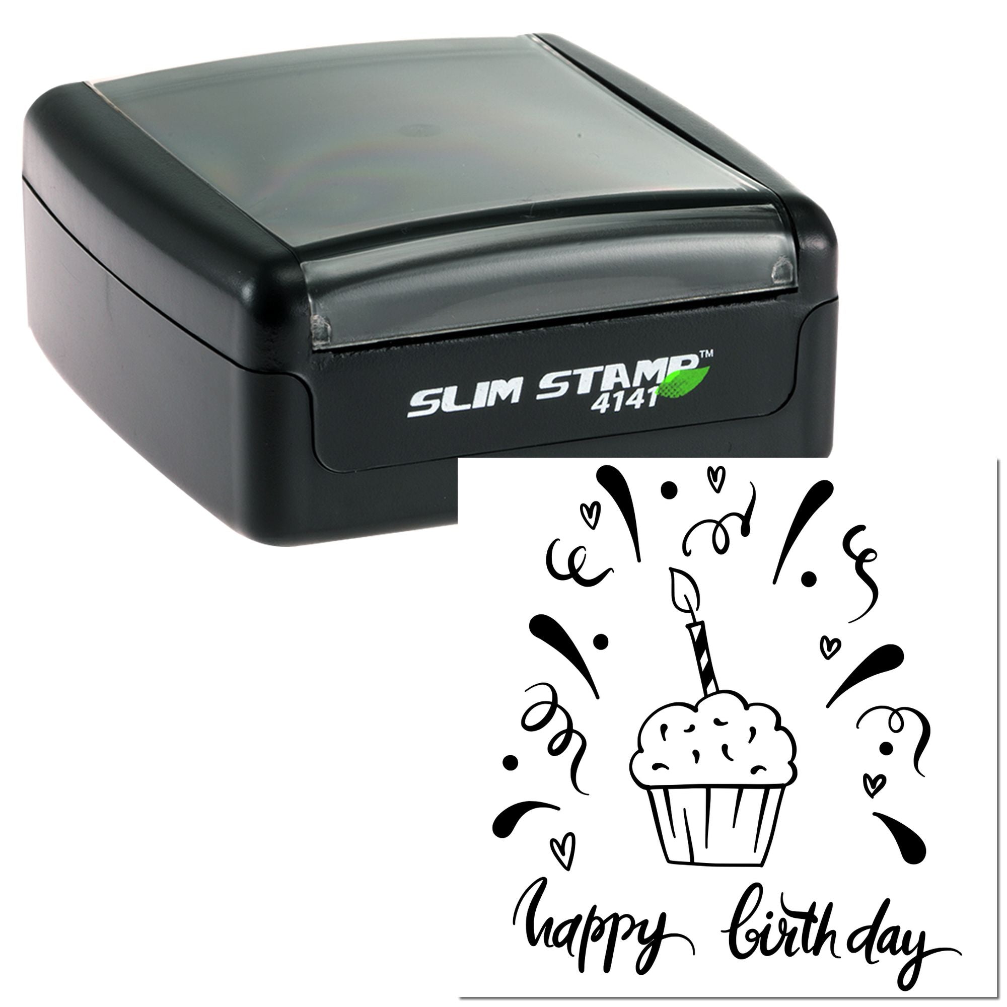 Slim Stamp 4141 self-inking rubber stamp with happy birthday cupcake design for birthday cards, crafts, and invitations.