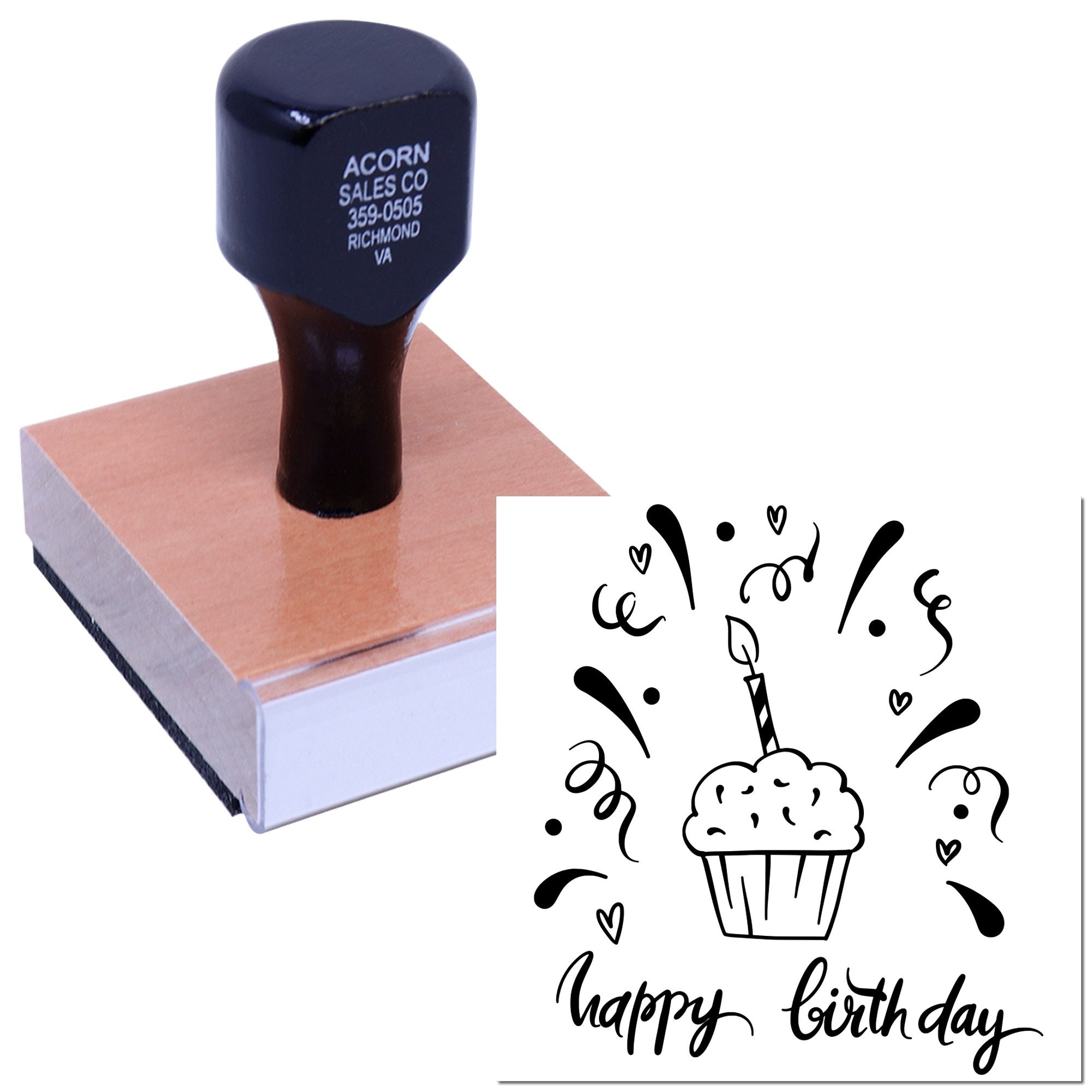 Happy birthday rubber stamp with cupcake and confetti design for cards, invitations, and party crafts