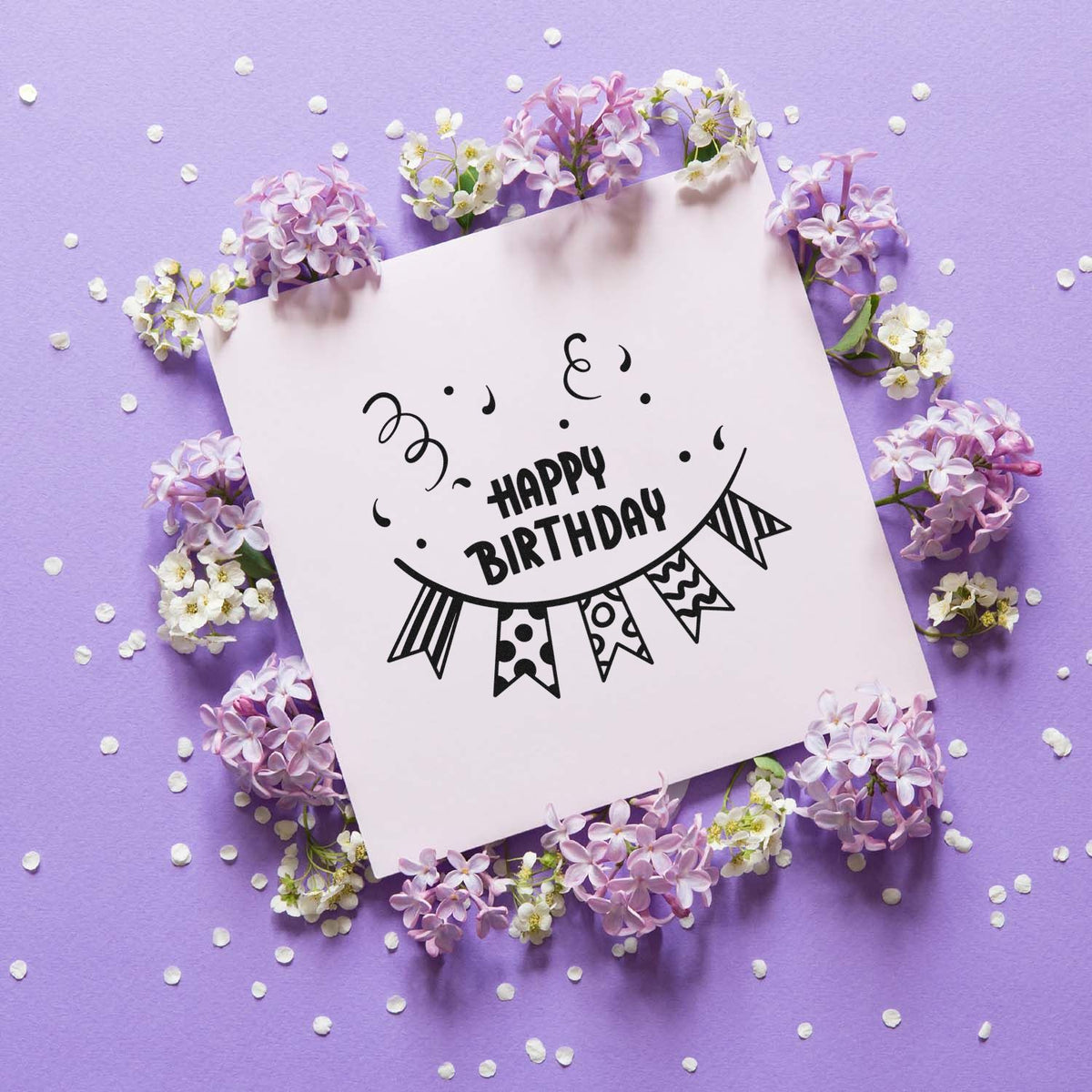 Happy Birthday rubber stamp design with festive bunting, ideal for birthday cards, scrapbooking, and handmade invitations.