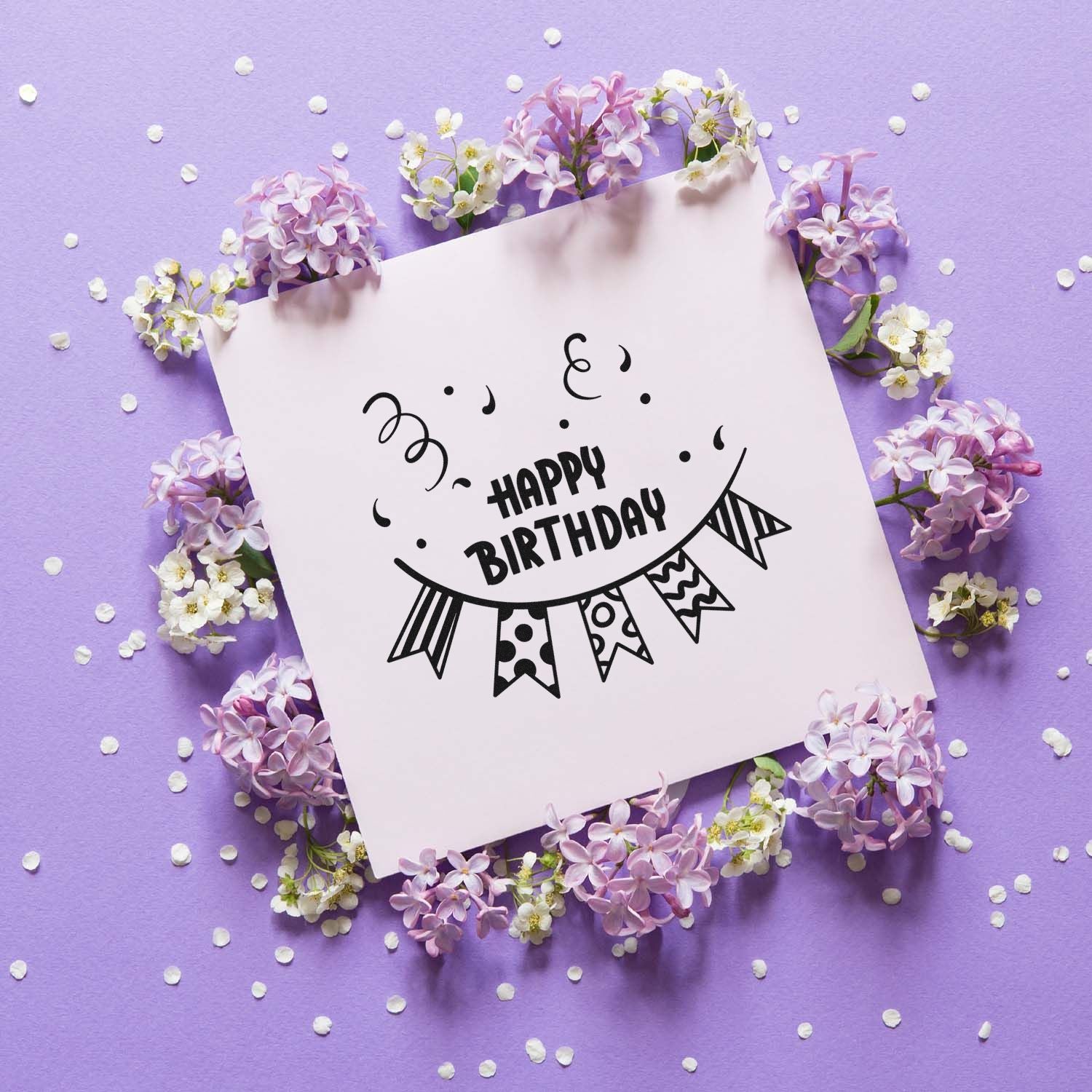 Happy Birthday rubber stamp design with festive bunting and confetti, perfect for handmade birthday cards and party crafts.