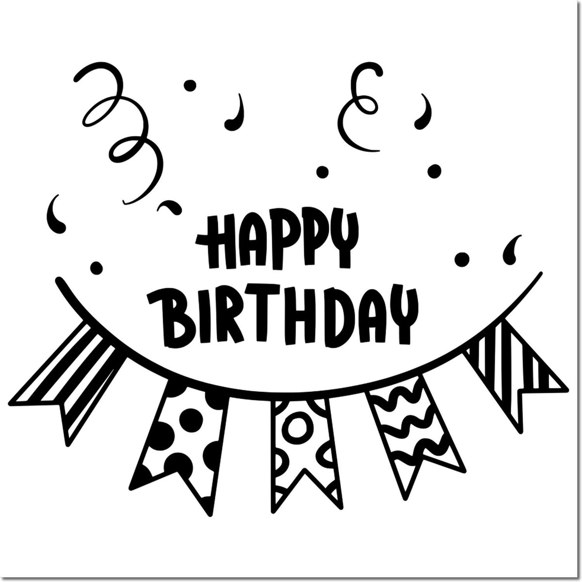 Happy Birthday rubber stamp design with festive banner, confetti, and streamers for birthday cards and party crafts