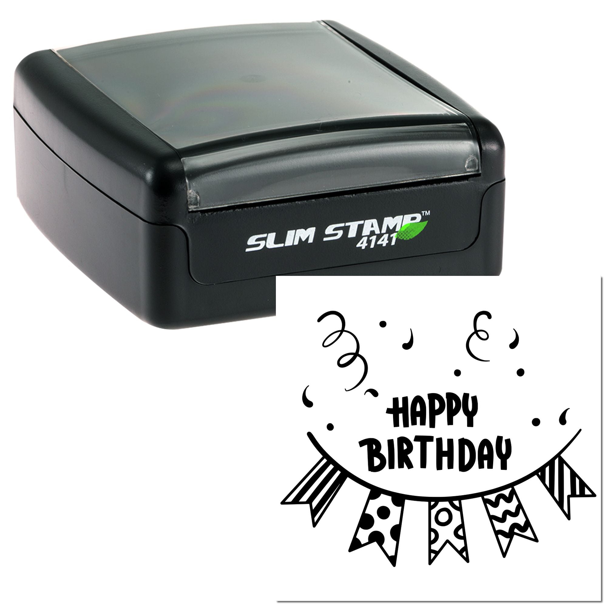 Slim self-inking rubber stamp with Happy Birthday confetti bunting design for cards and party invites