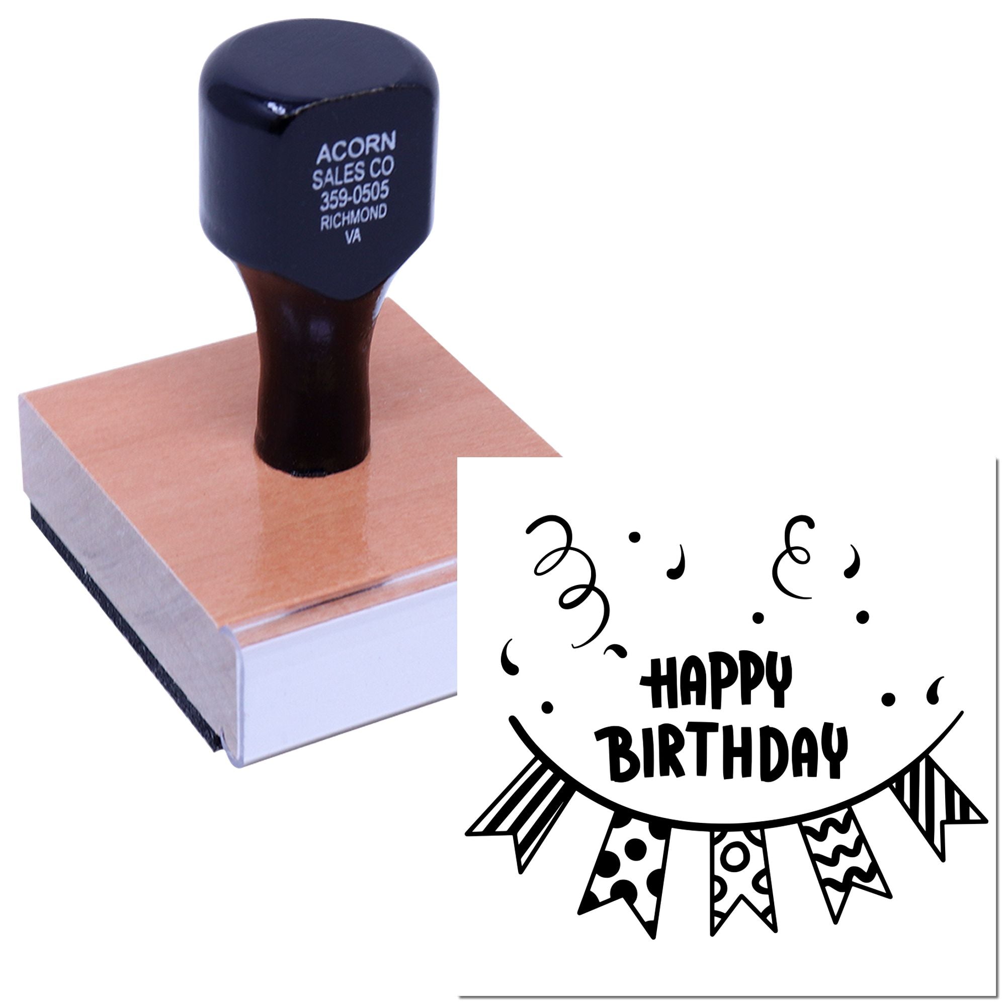 Happy Birthday rubber stamp with decorative banner design for greeting cards, party favors, and craft projects.