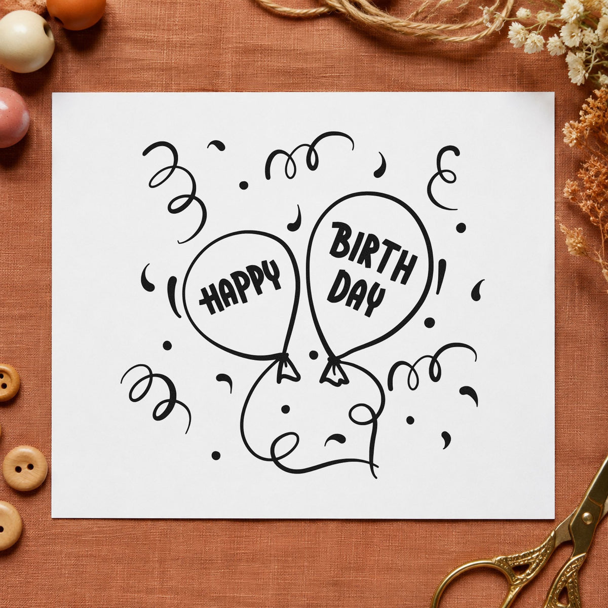 Happy Birthday Balloon Pair craft stamp in black ink on cardstock, an easy option for round album page.
