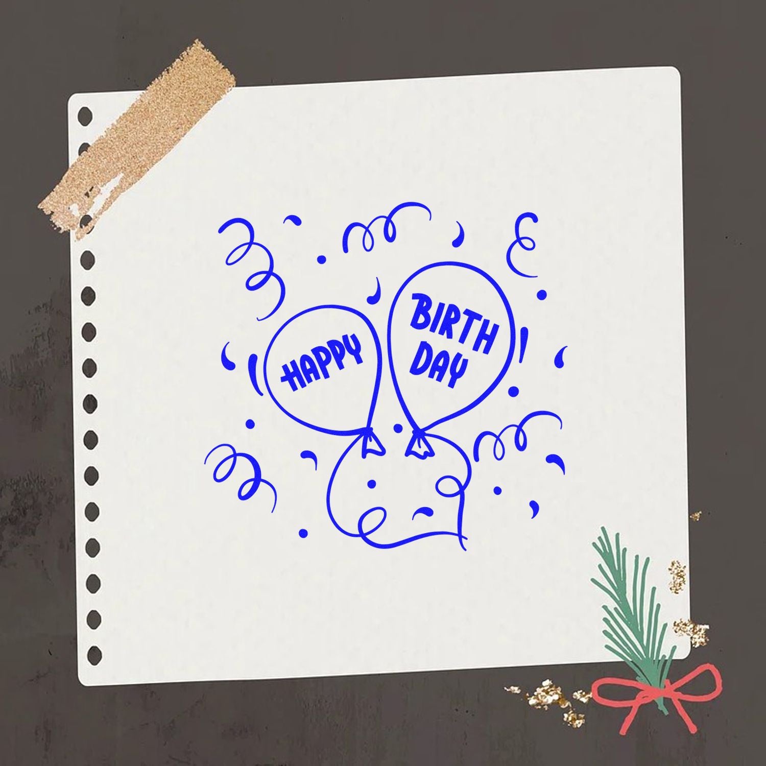 Birthday rubber stamp design with happy birthday balloons and confetti for handmade cards, scrapbooking, and party crafts.