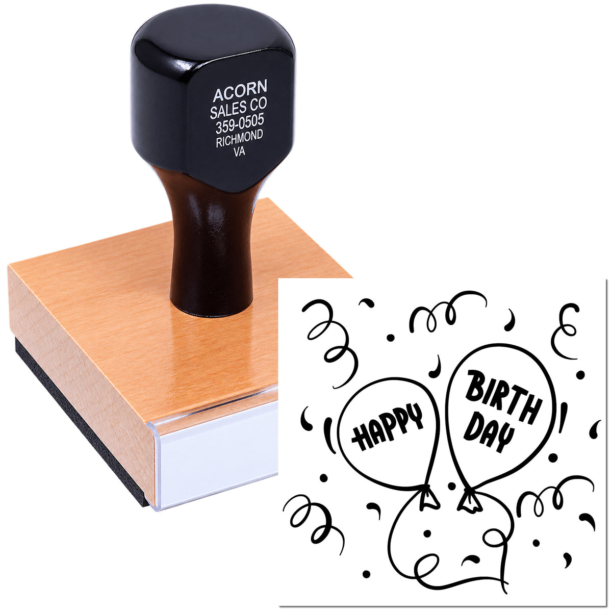 Custom rubber stamp with Happy Birthday balloon design for party invitations, greeting cards, and craft projects.