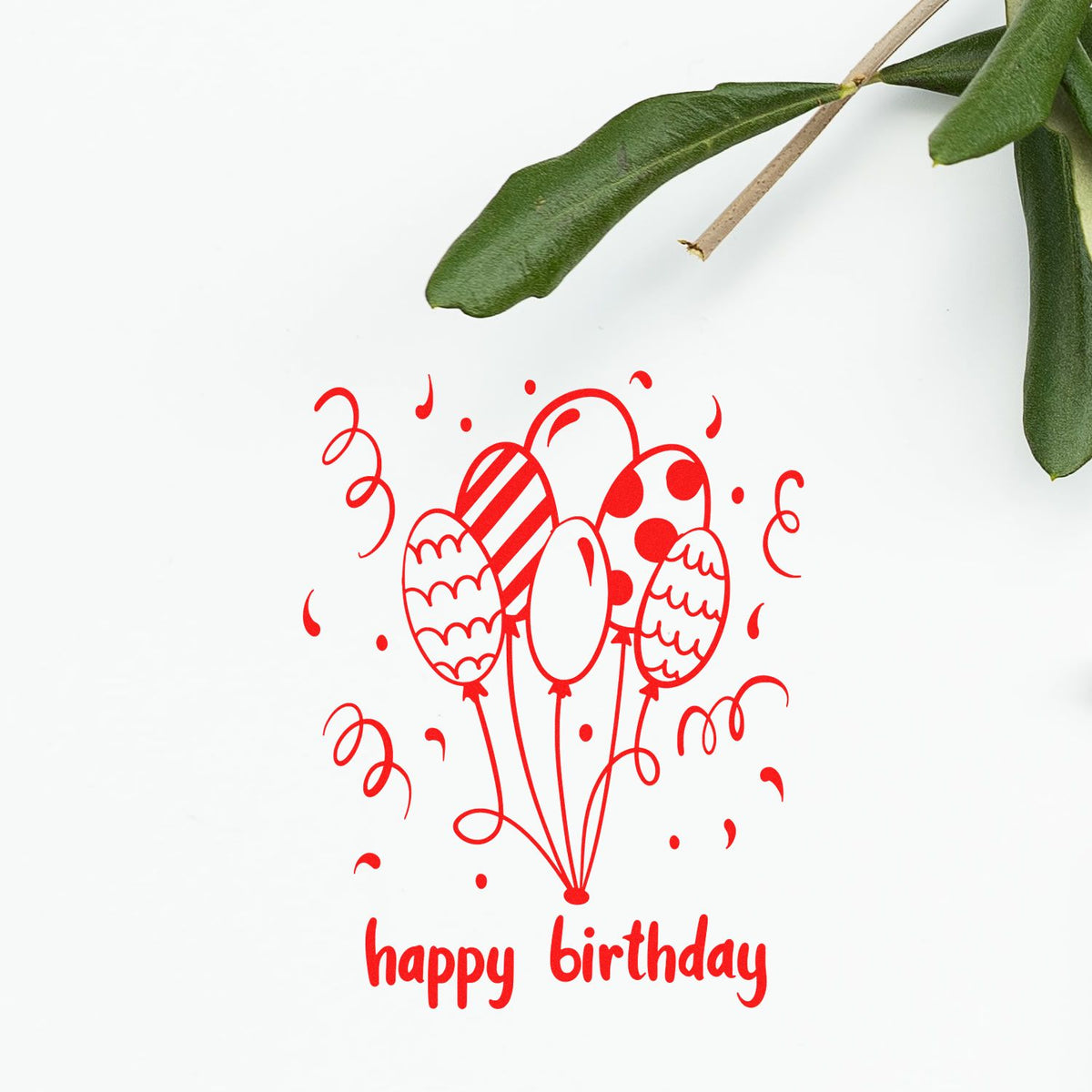Happy birthday rubber stamp with festive balloon design, perfect for birthday cards, invitations, and scrapbooking.