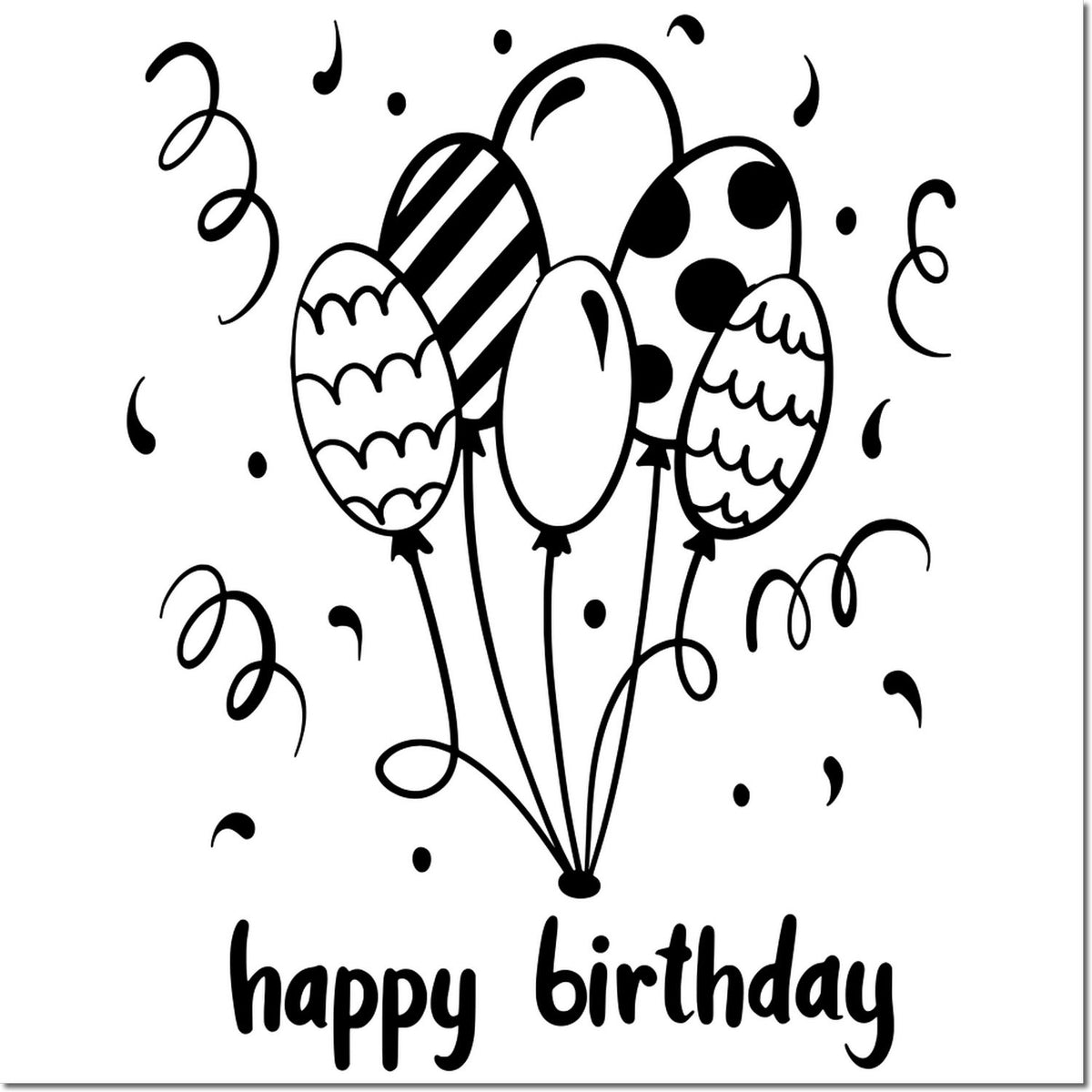 Happy birthday balloon rubber stamp with festive confetti and patterned balloons, perfect for birthday cards and craft projects.