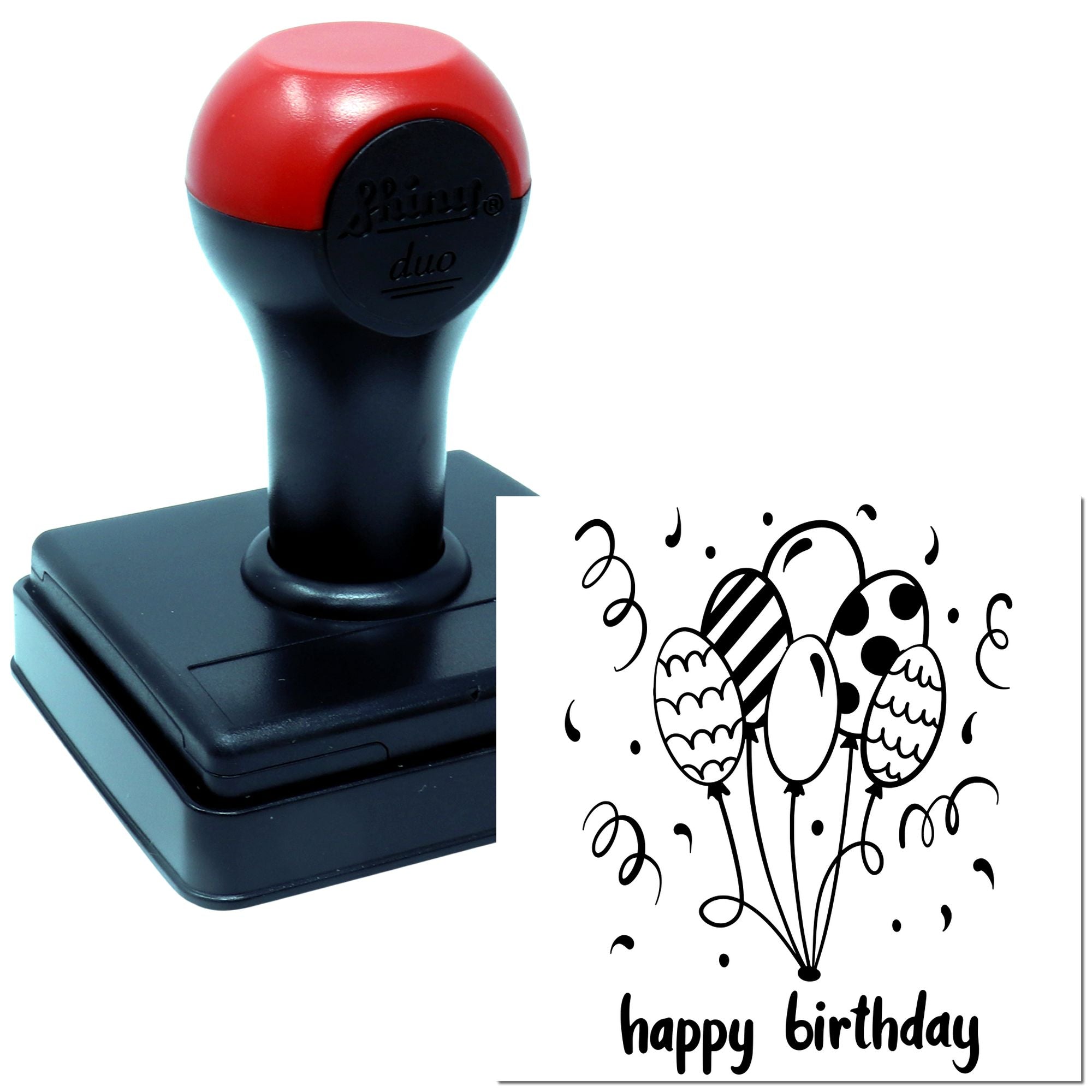Happy birthday rubber stamp with balloon design for party invitations, cards, and handmade crafts.