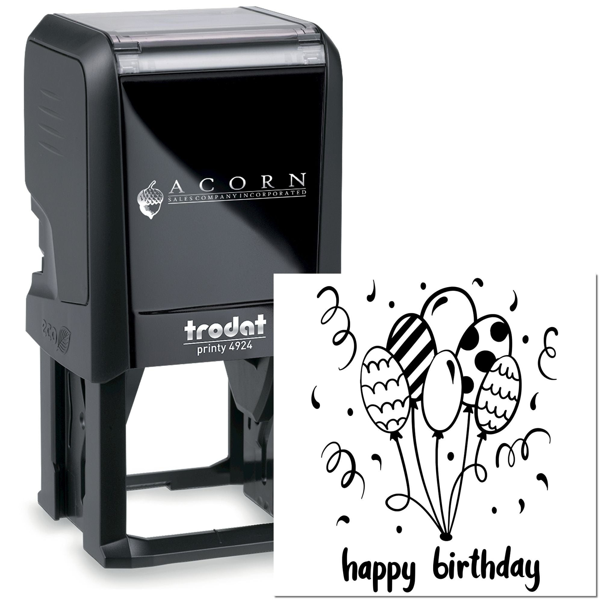 Custom self-inking birthday rubber stamp with balloon design and Happy Birthday text for cards and party stationery