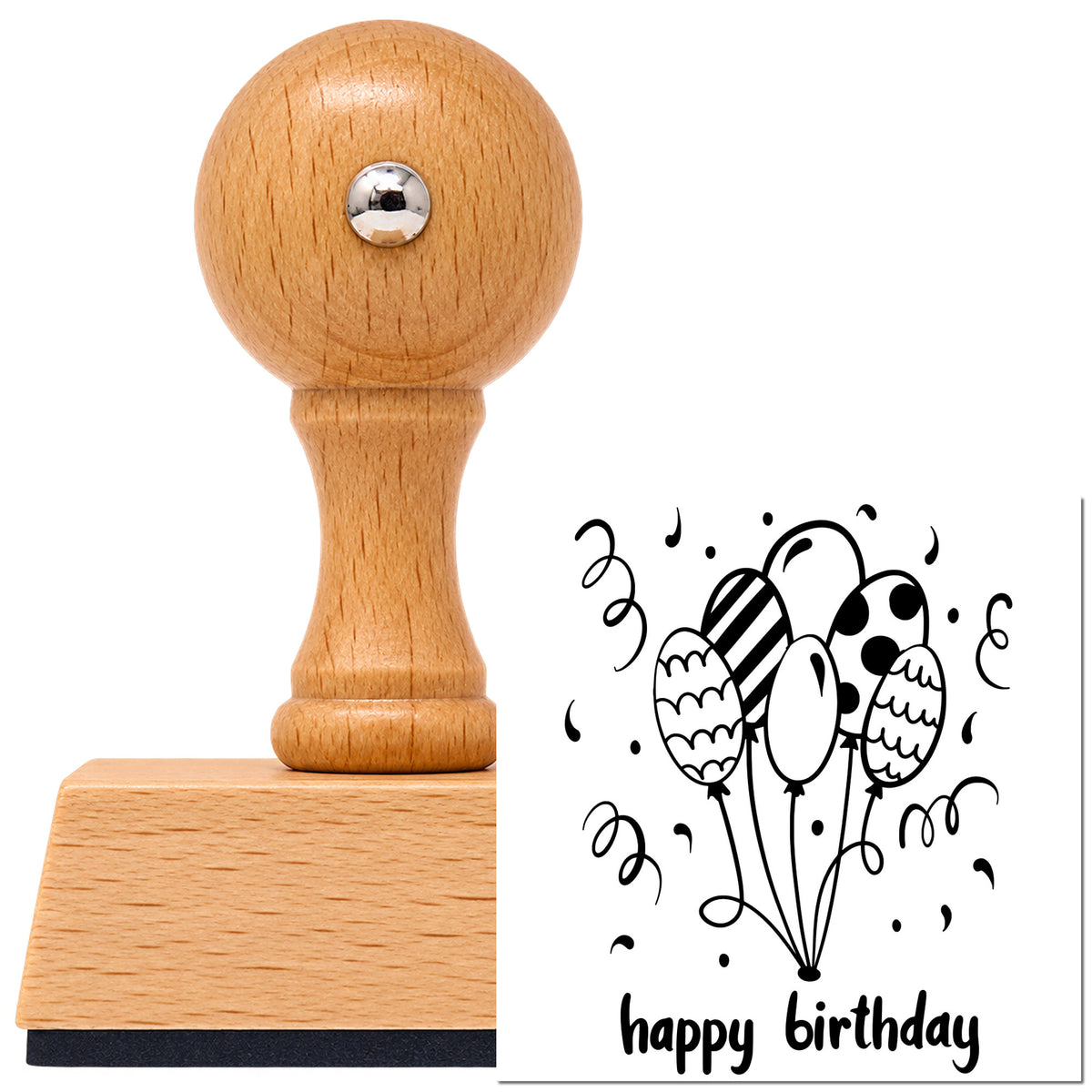 Birthday Patterned Balloon Bouquet Vintage Pro rubber stamp in European beech wood with a round knob handle, shown beside its black imprint.