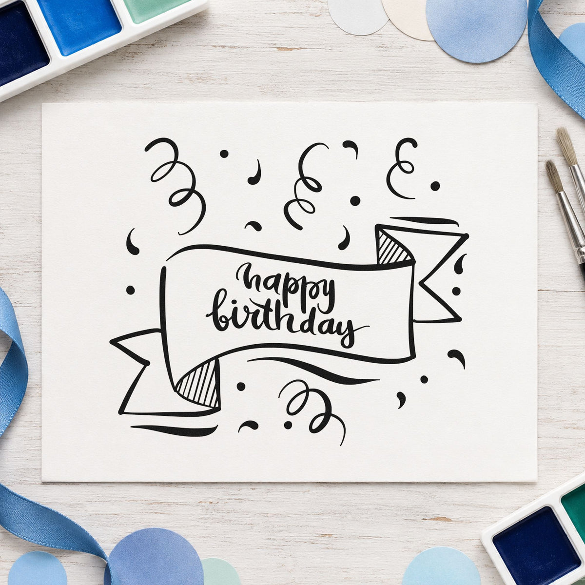 Happy Birthday Ribbon Banner rubber stamp printed in black ink, ready for wavy ribbon cards and similar paper crafts.