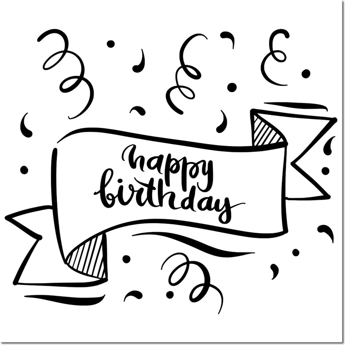 Happy birthday rubber stamp design with festive banner, confetti, and streamers for party cards and scrapbook crafts.