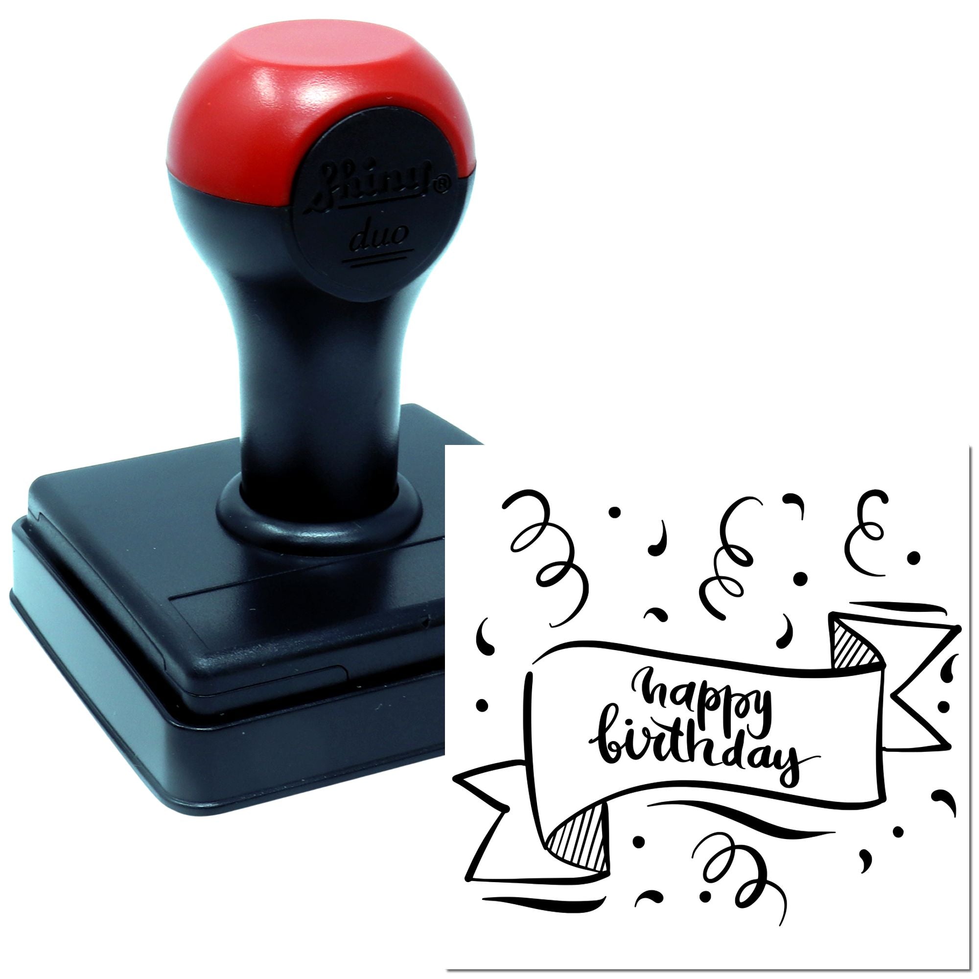 Self-inking rubber stamp with Happy Birthday design impression for birthday cards, invitations, and craft projects.