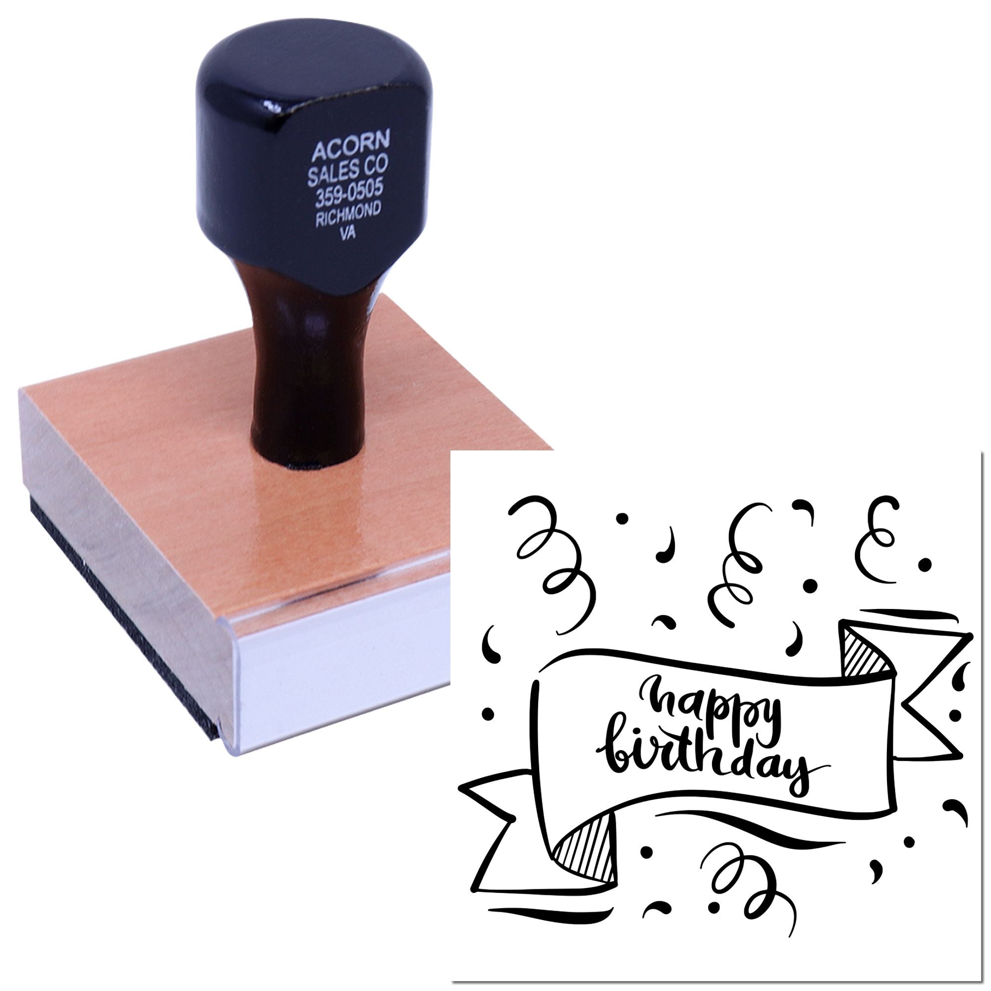 Custom rubber stamp with happy birthday design for cards, invitations, scrapbooking, and birthday party crafts.
