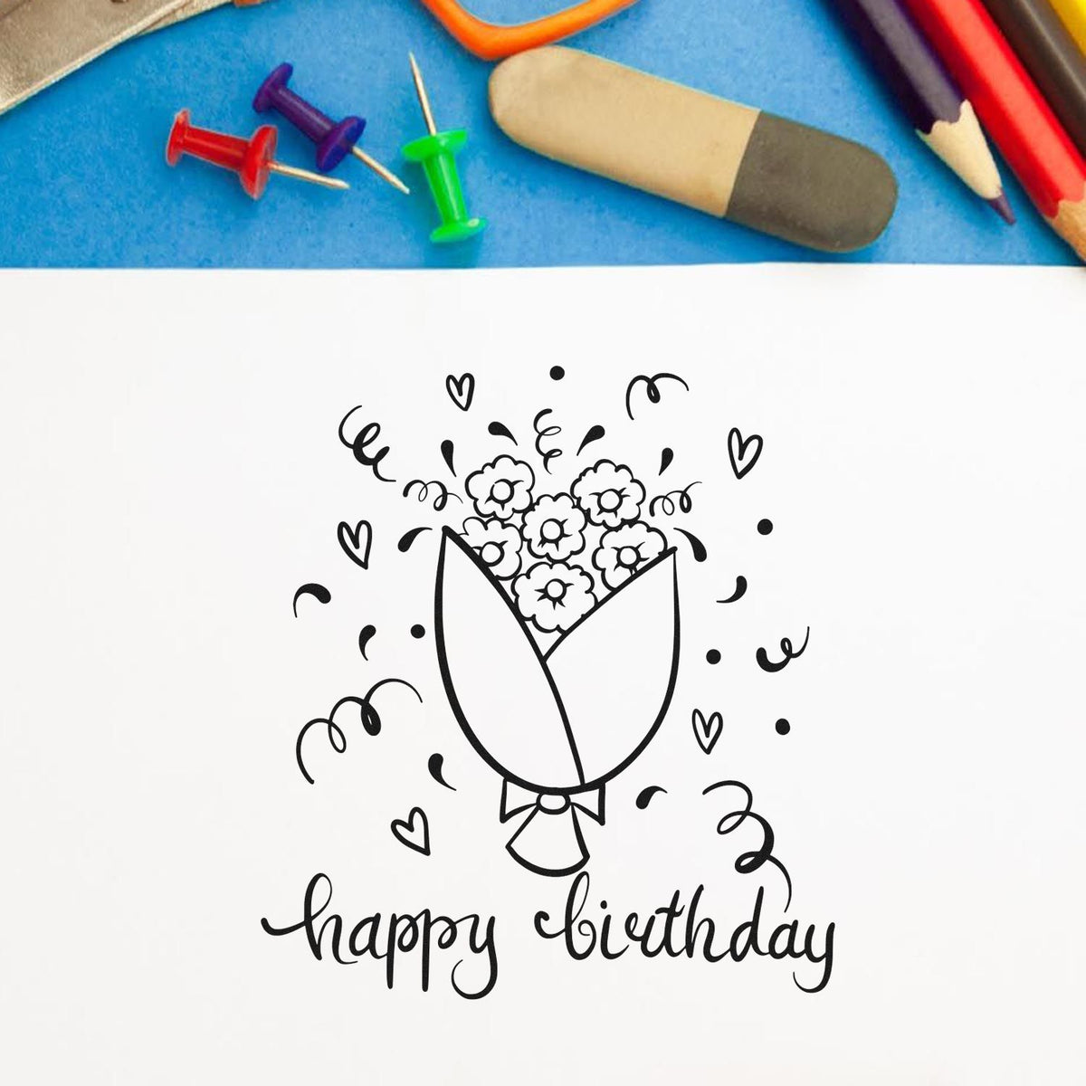 Birthday rubber stamp design with tulip bouquet, hearts, and hand-lettered happy birthday for cardmaking.