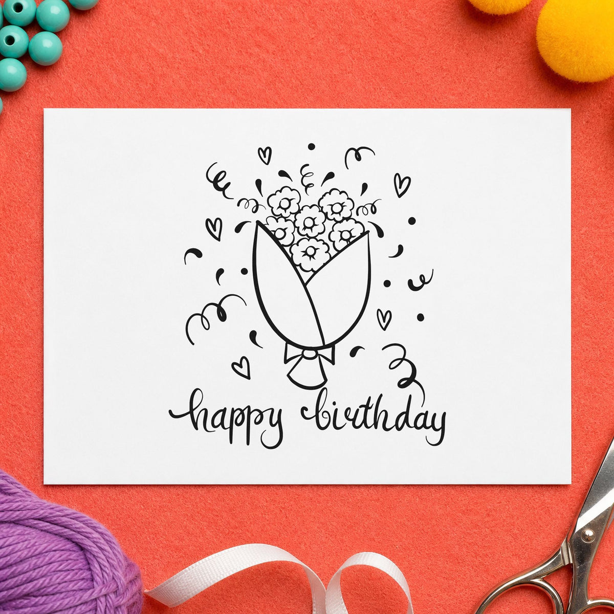 Birthday Flower Bouquet Hearts rubber stamp printed in black ink, ready for tea menu sheet and similar paper crafts.