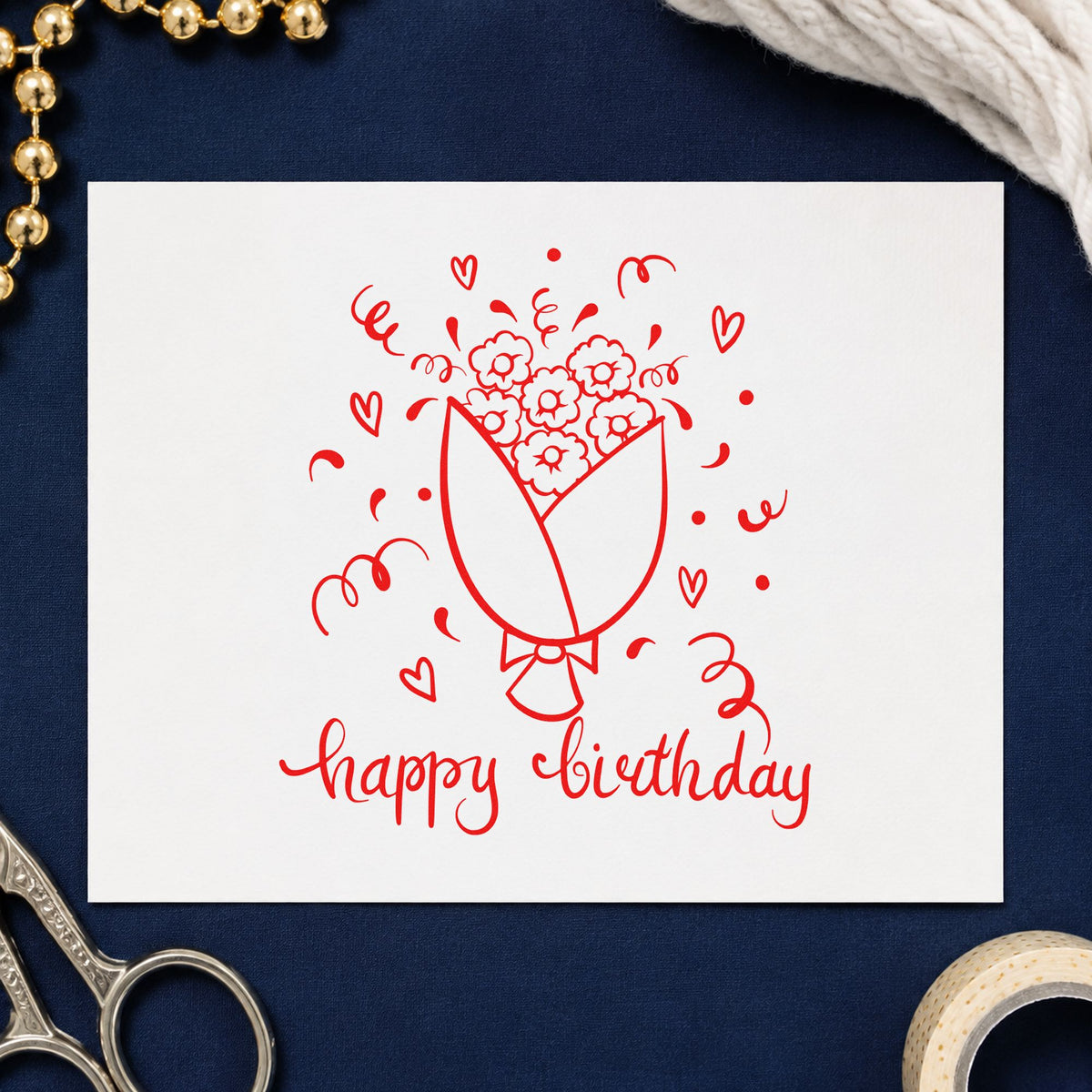 Birthday Flower Bouquet Hearts craft stamp imprint in red ink on a handmade project, one idea being recipe share cards.