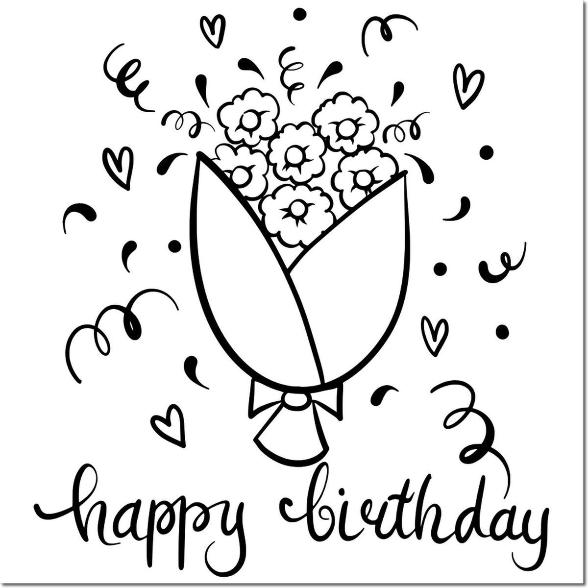 Happy birthday rubber stamp design with bouquet flowers, hearts, and confetti in black line art for cards, scrapbooking, and crafts.