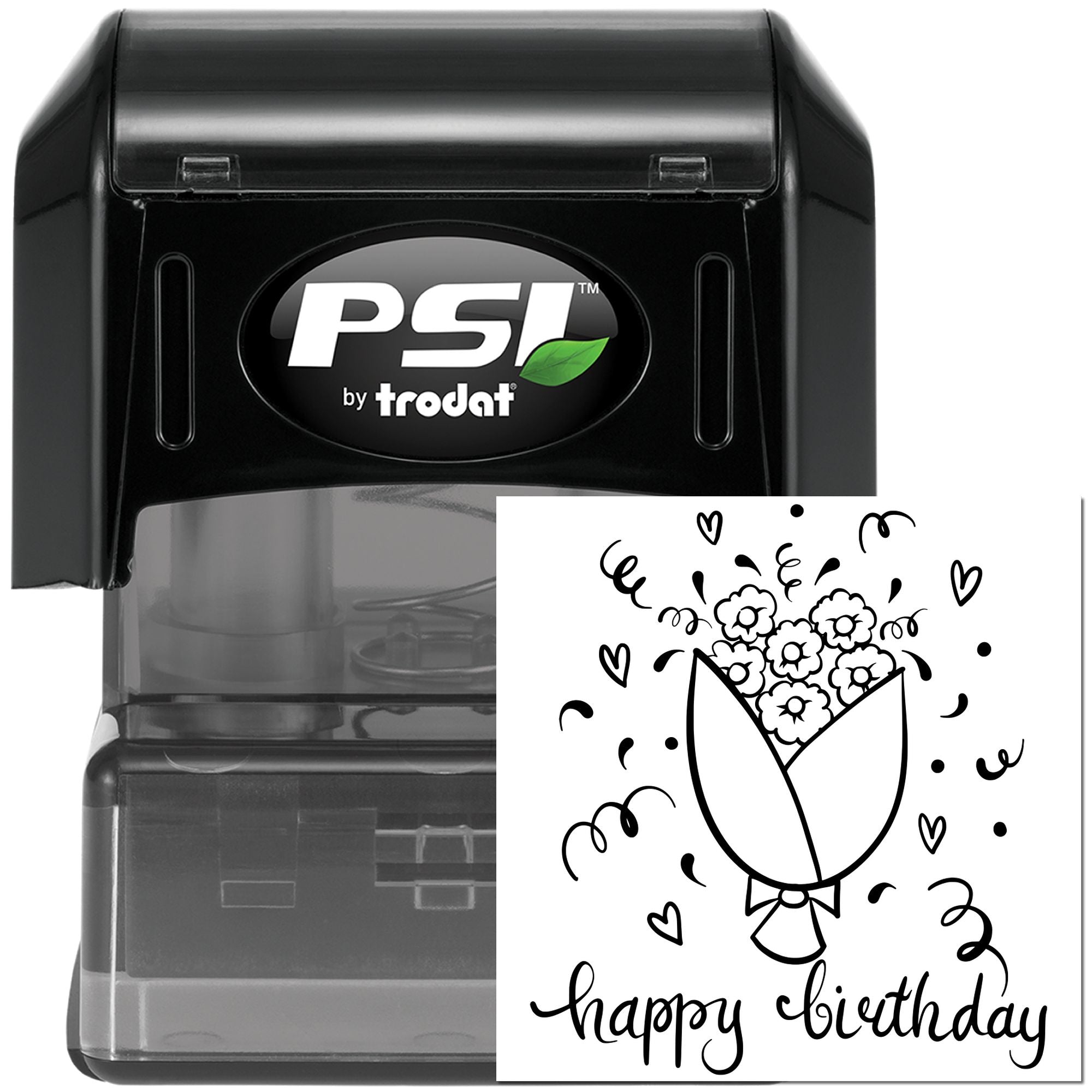 PSI by Trodat self-inking rubber stamp featuring a happy birthday flower bouquet design for custom birthday cards.