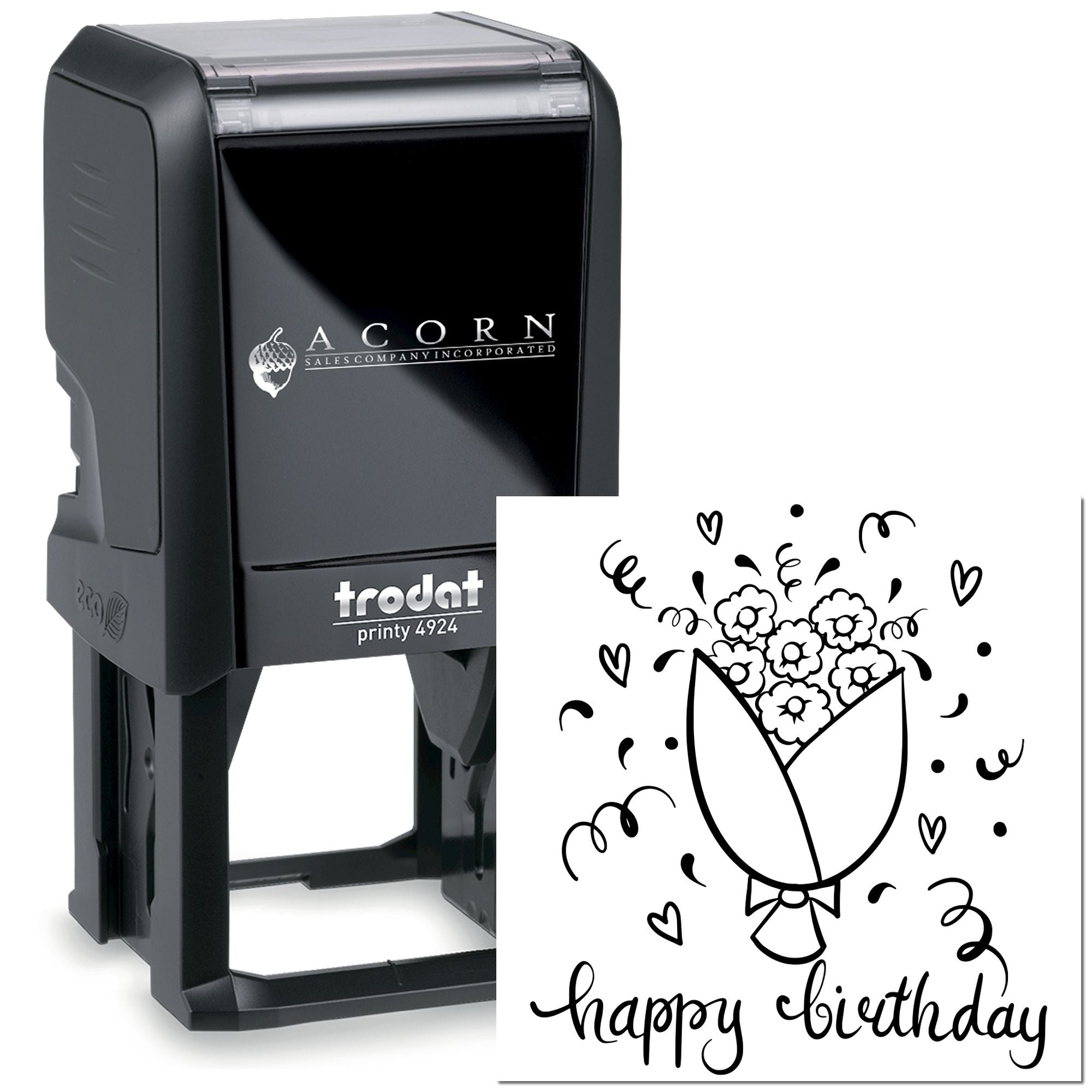 Self-inking birthday rubber stamp with flower bouquet design for handmade cards, gifts, and celebration packaging.