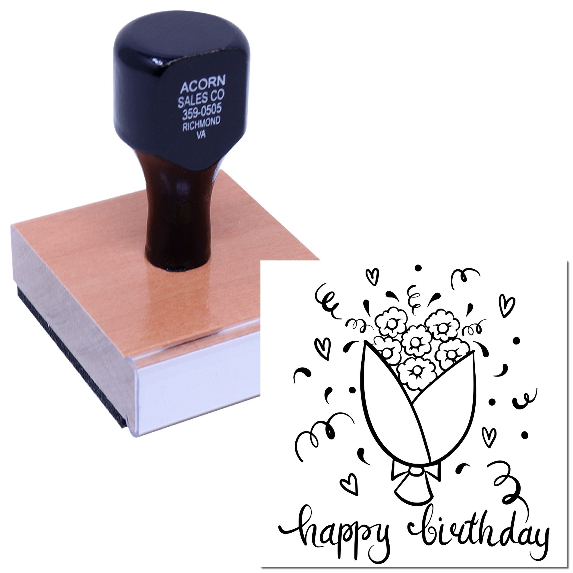 Custom rubber stamp for birthday cards featuring a floral bouquet design and happy birthday sentiment.