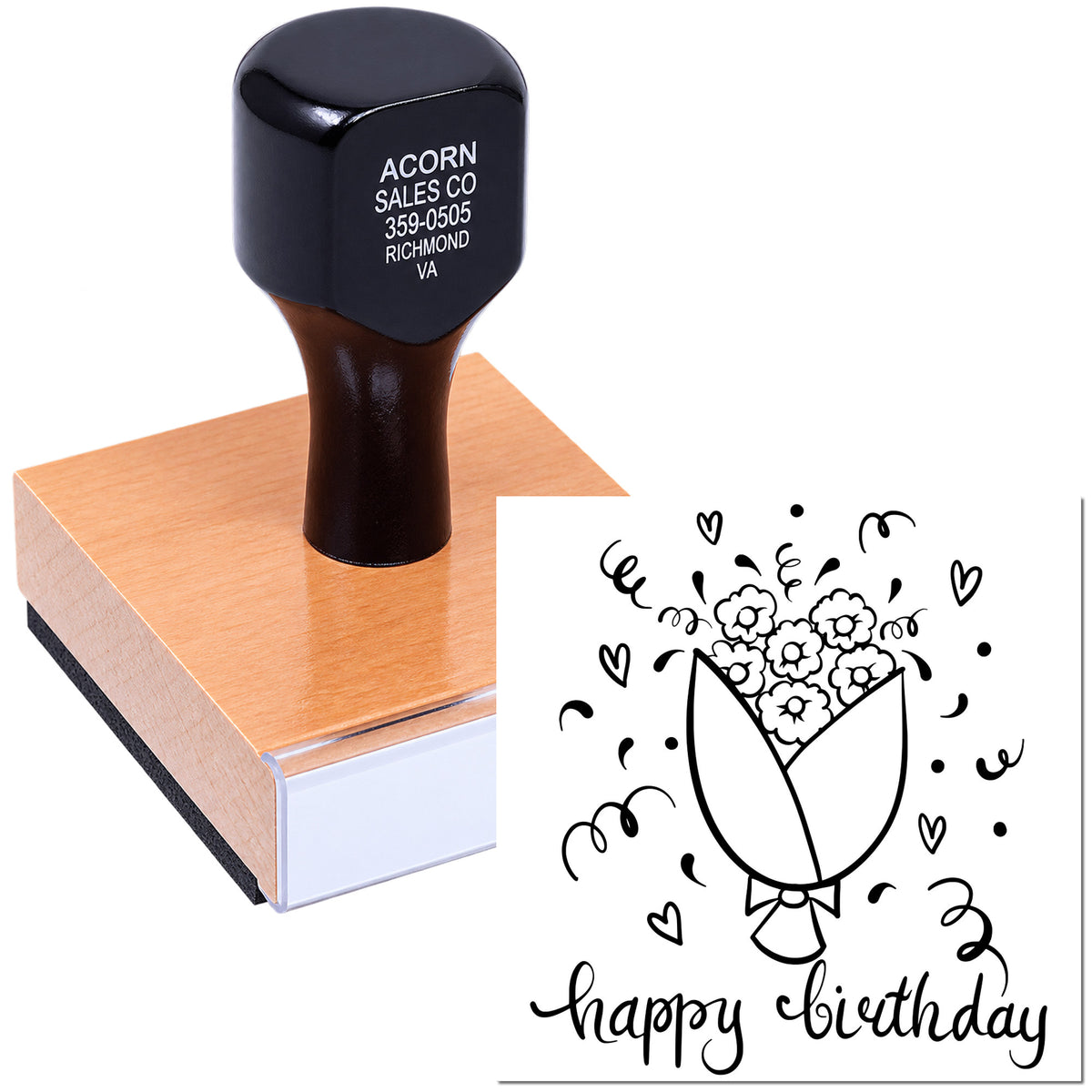 Custom rubber stamp for birthday cards featuring a floral bouquet design and happy birthday sentiment.