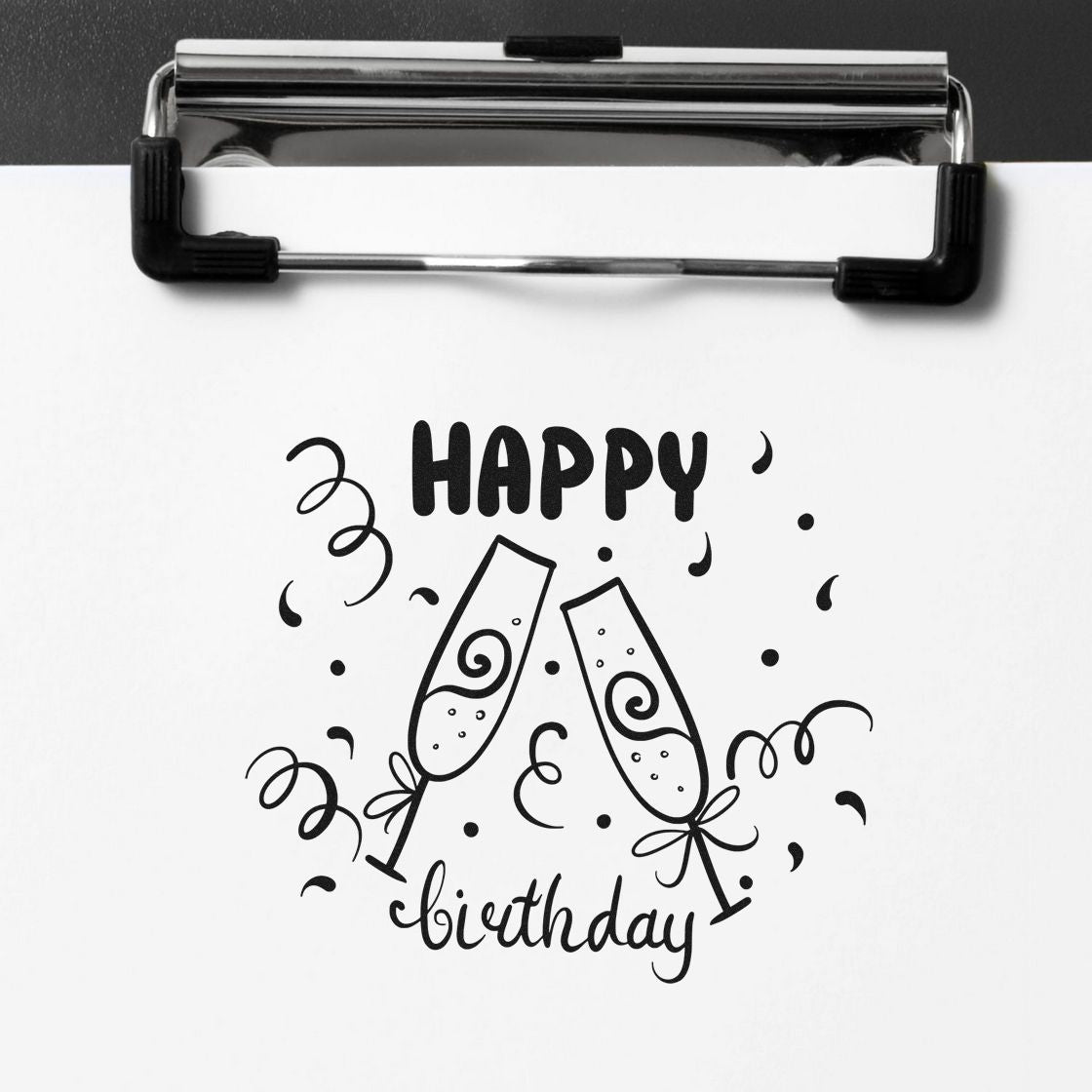 Happy Birthday rubber stamp design with champagne glasses and confetti, perfect for greeting cards and party invitations.