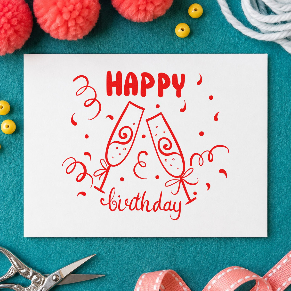 Birthday Toast Champagne Flutes rubber stamp shown in red ink, stamped for projects such as bin glass labels.