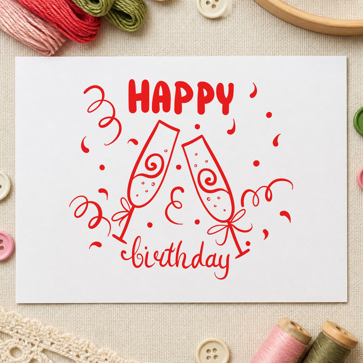 Birthday Toast Champagne Flutes craft stamp imprint in red ink on a handmade project, one idea being toast note cards.