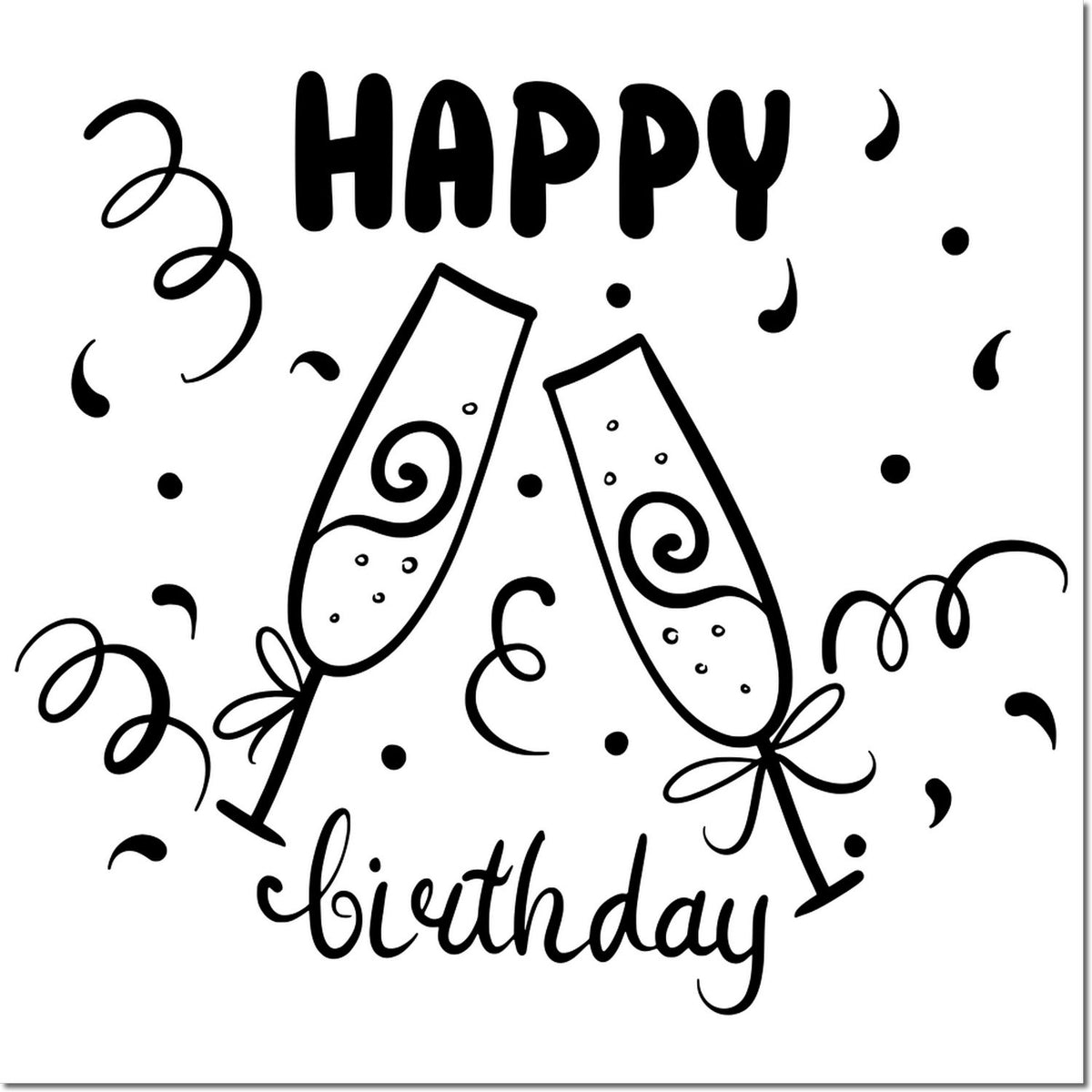 Happy birthday rubber stamp design with champagne glasses, confetti, and celebratory party decor.