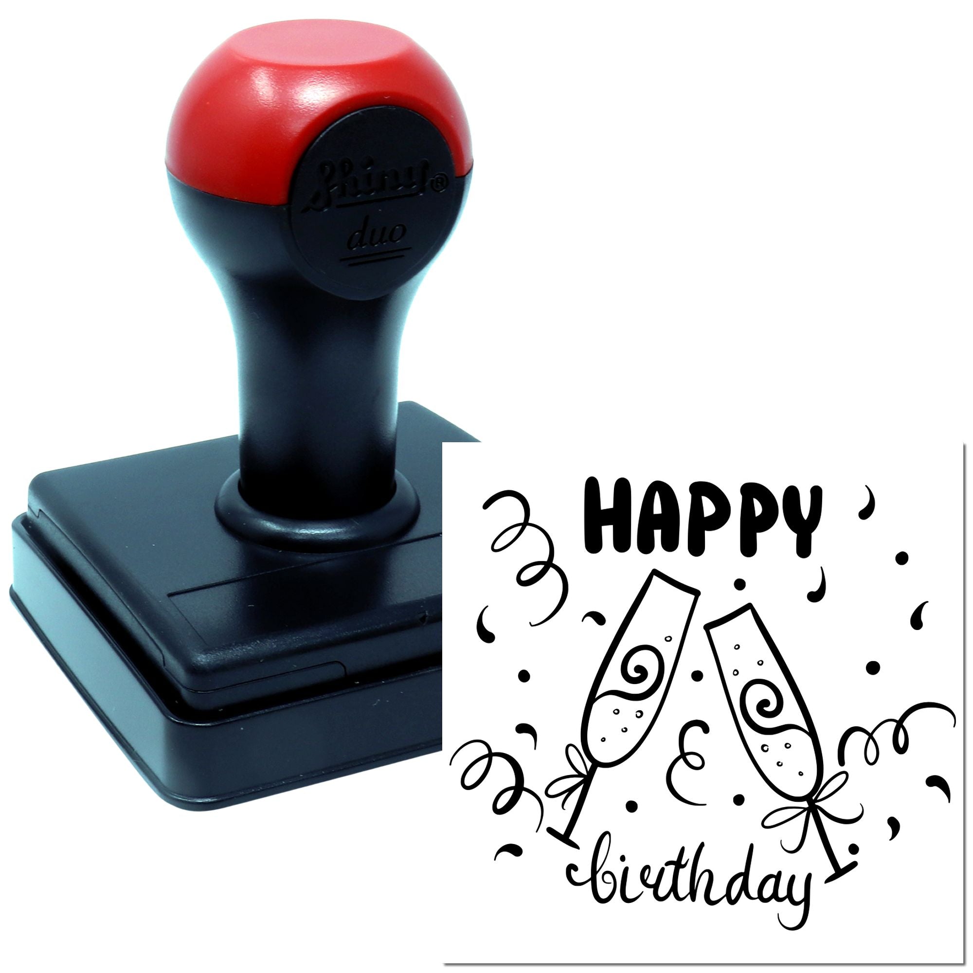 Self-inking Happy Birthday rubber stamp with champagne glasses design for cards, invitations, and party crafts.