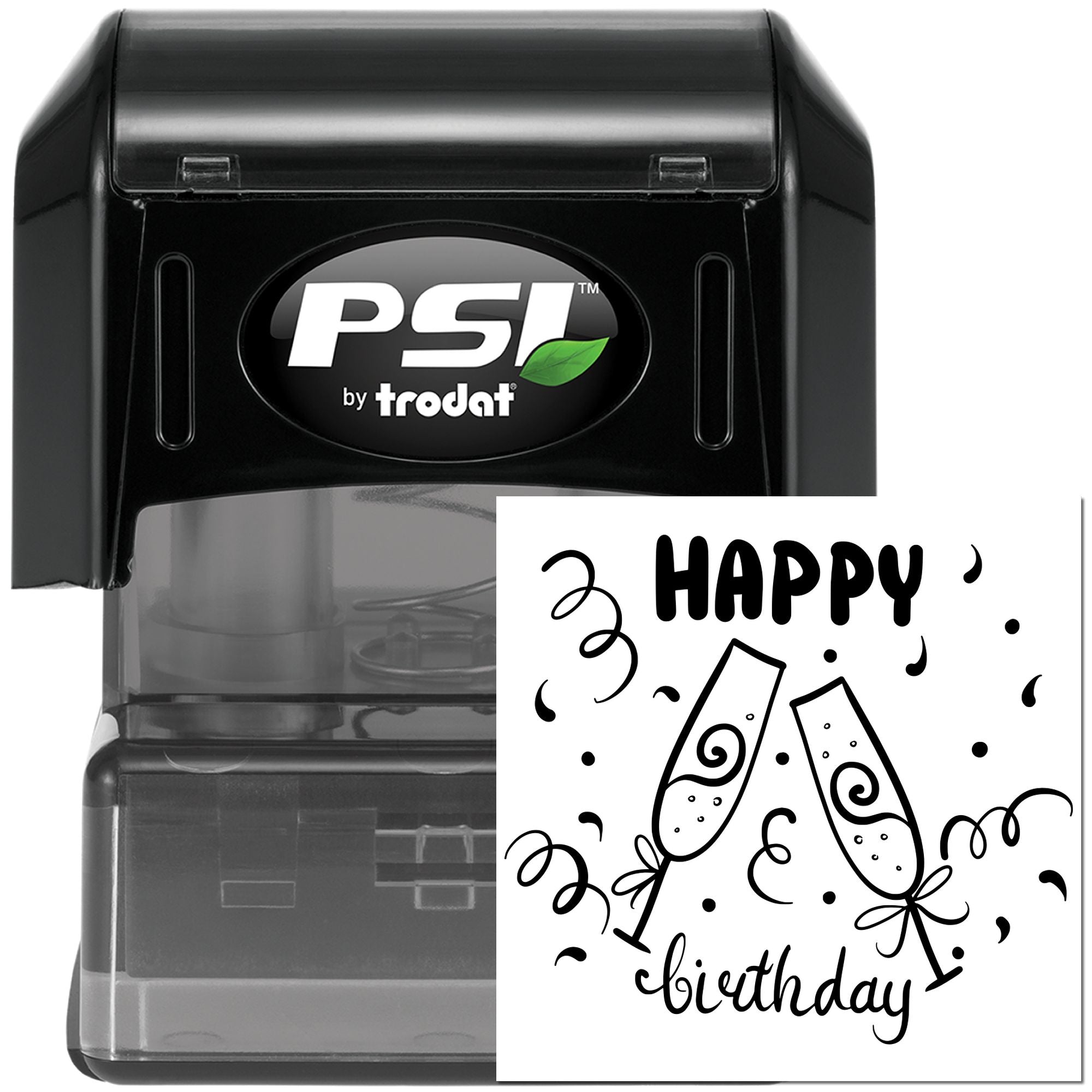PSI by Trodat self-inking rubber stamp with happy birthday champagne glasses design for party cards and invitations.