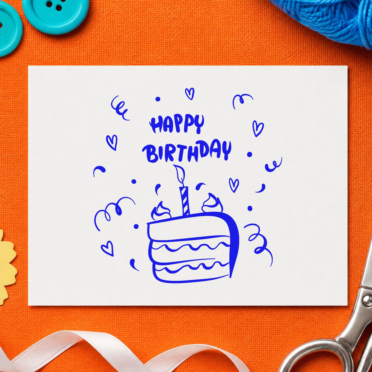 Birthday Candle Cake Slice craft stamp imprinted in blue ink on paper, a design suited to framed pass window.