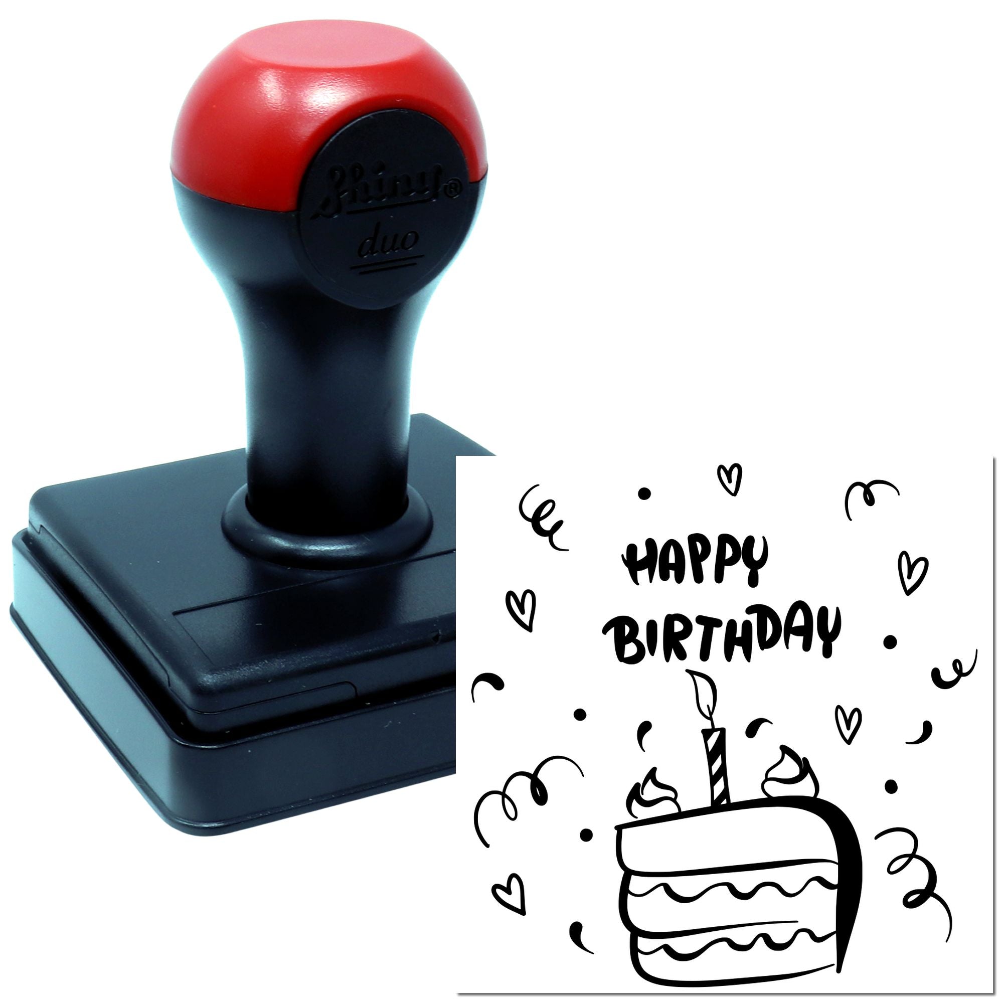 Self-inking rubber birthday stamp with Happy Birthday cake design for cards, crafts, and personalized party invitations.
