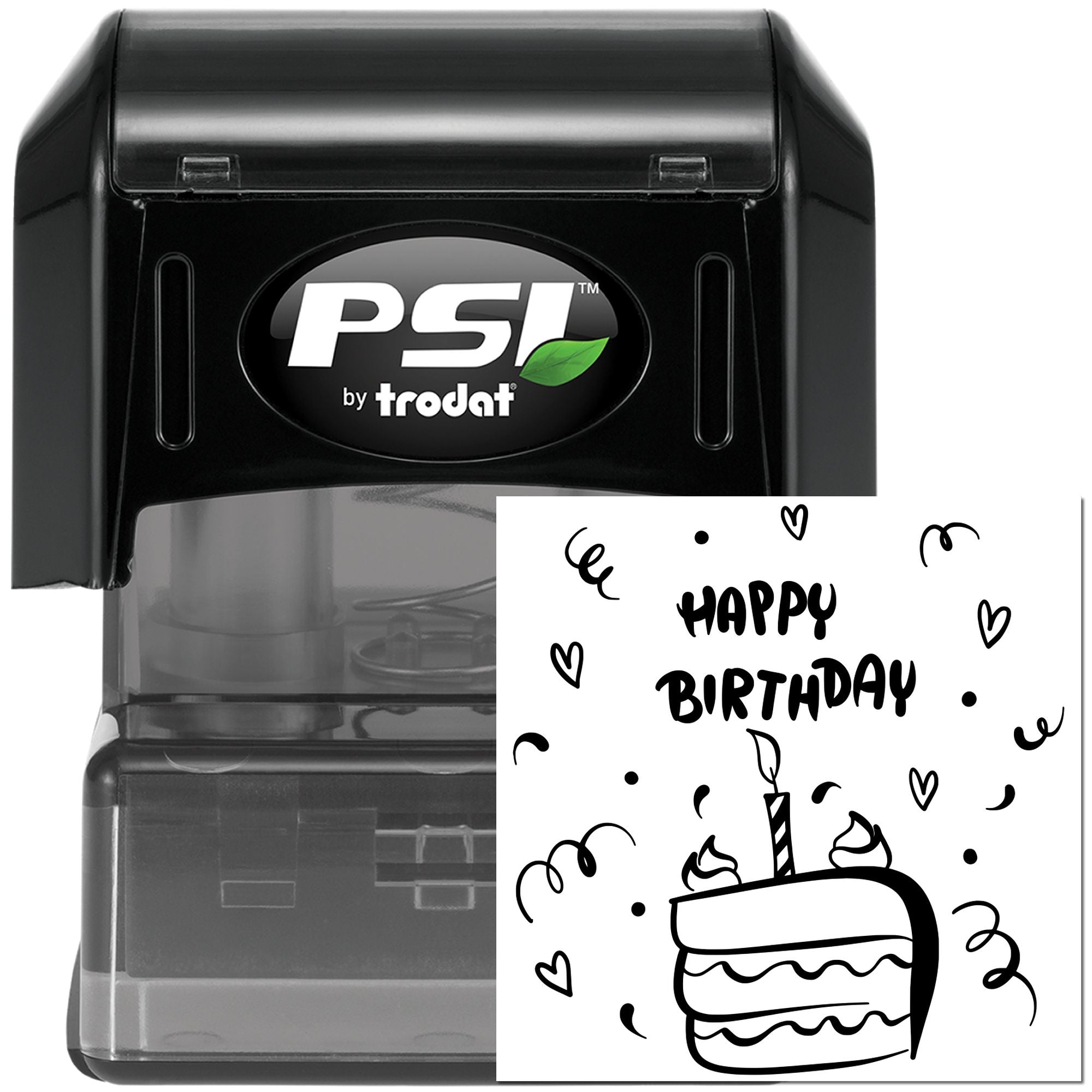 Happy Birthday self-inking rubber stamp by PSI by Trodat with cake design for birthday cards, scrapbooking, and craft projects.
