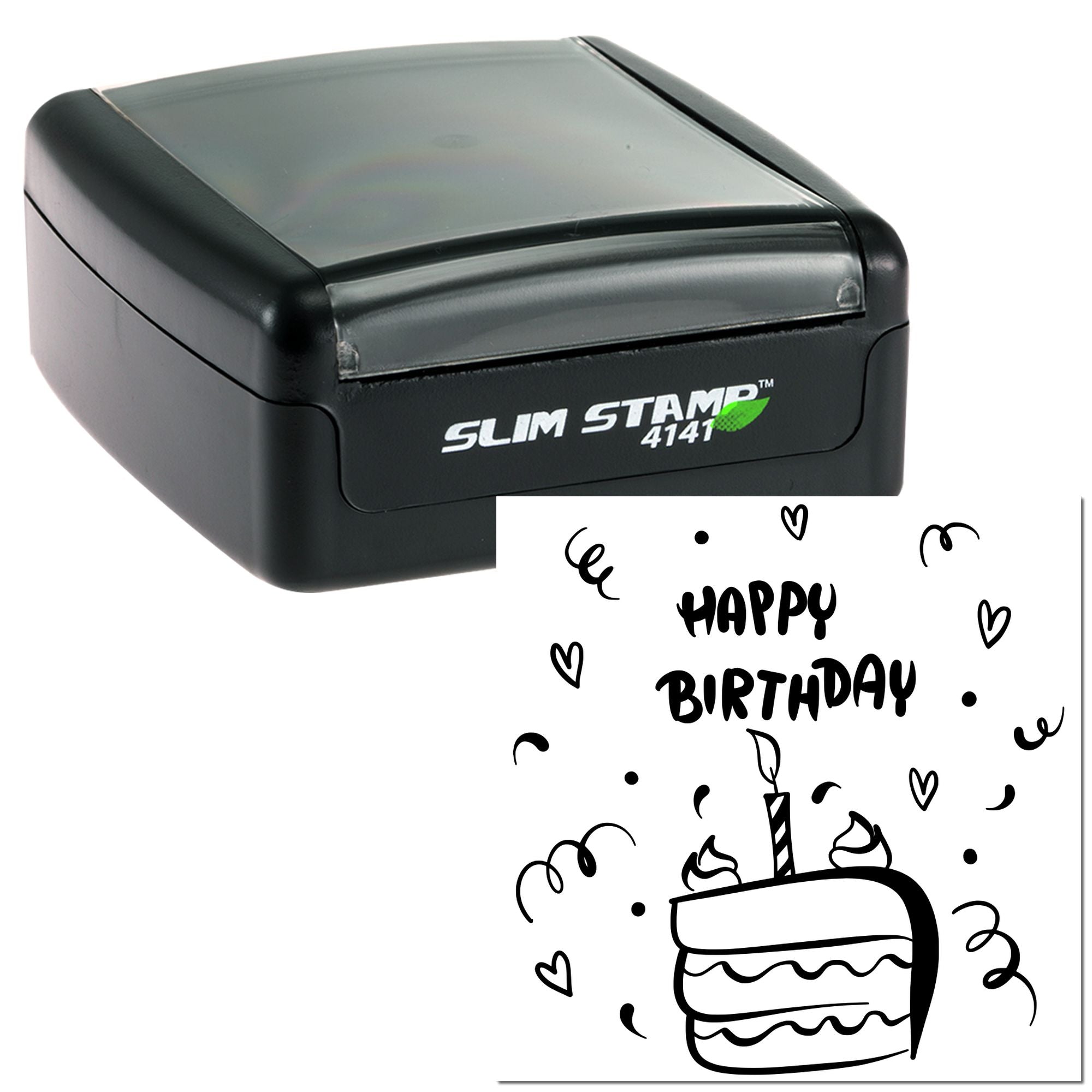 Slim Stamp 4141 Happy Birthday rubber stamp with cake design for party cards, gift tags and crafting