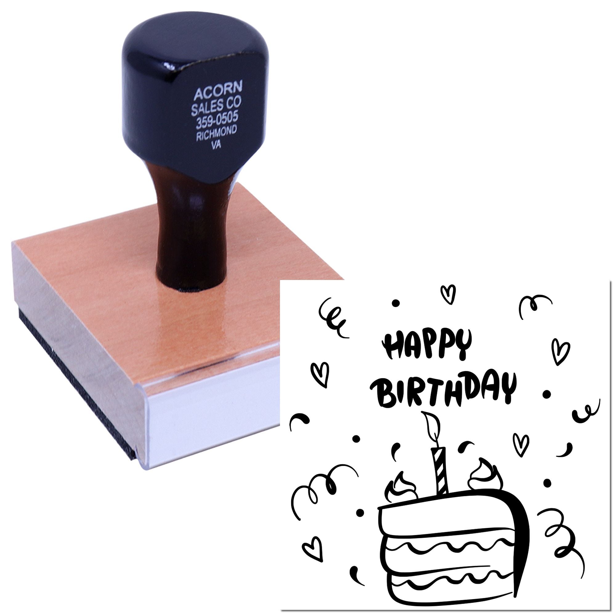 Custom Happy Birthday rubber stamp with cake and confetti design for greeting cards, invitations, and party crafts.