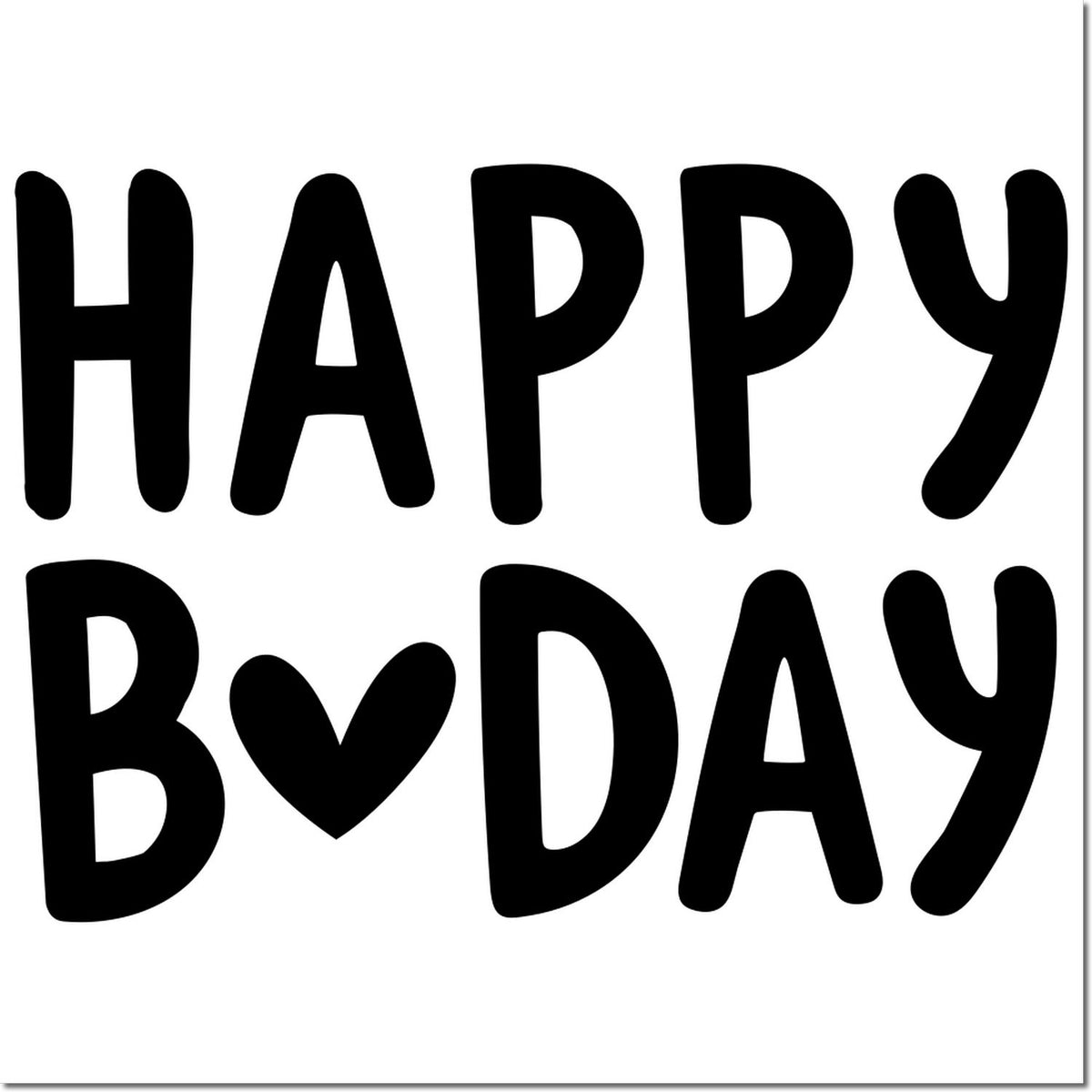 Happy birthday rubber stamp design with bold black letters and heart symbol for cards, crafts, and DIY celebrations.